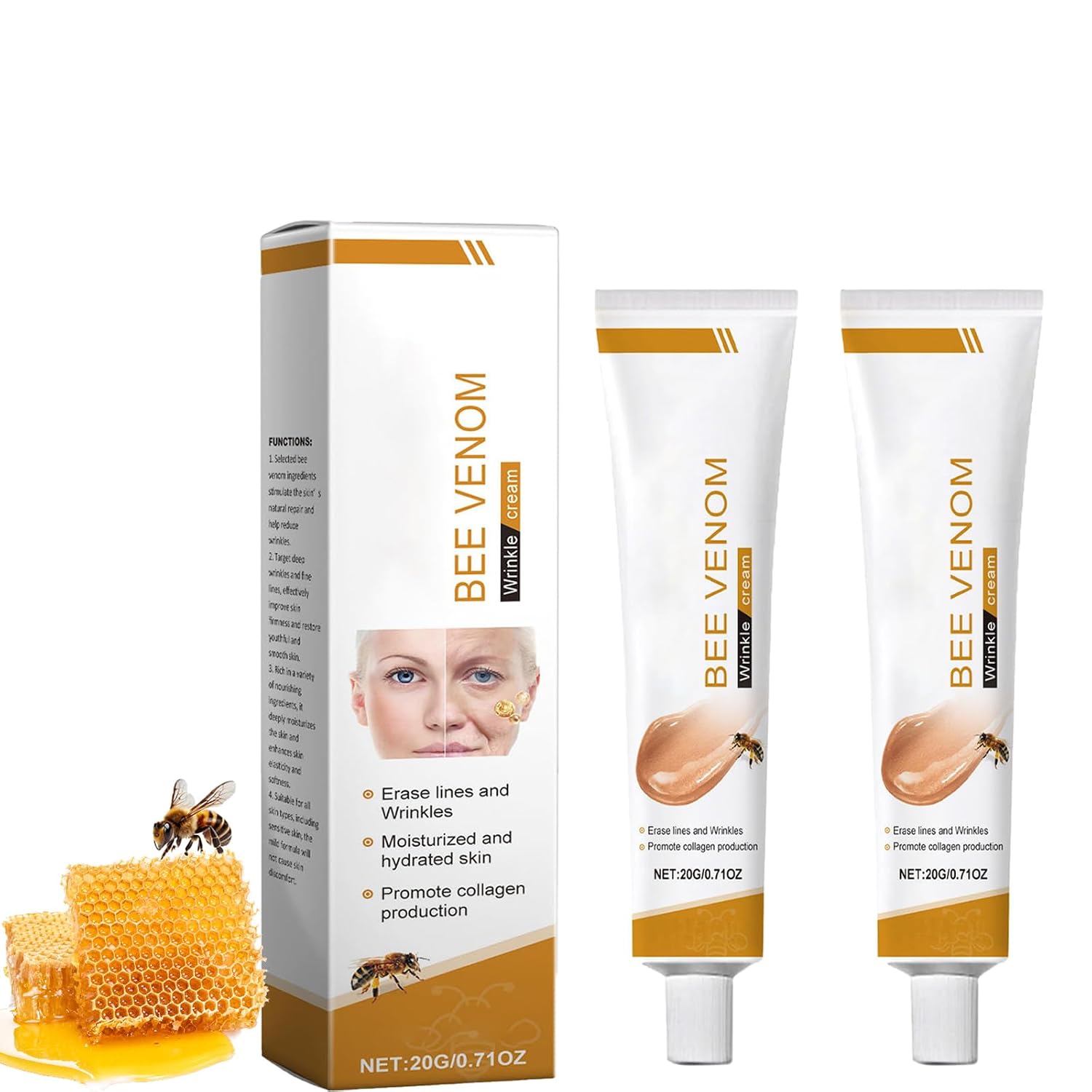 Pack of 2 Bee Venom Anti-Wrinkle Cream 20 g Bee Cream for Firm Skin Anti-Wrinkle Cream for Face and Neck Bee Venom Wrinkle Removal Cream for All Skin Types