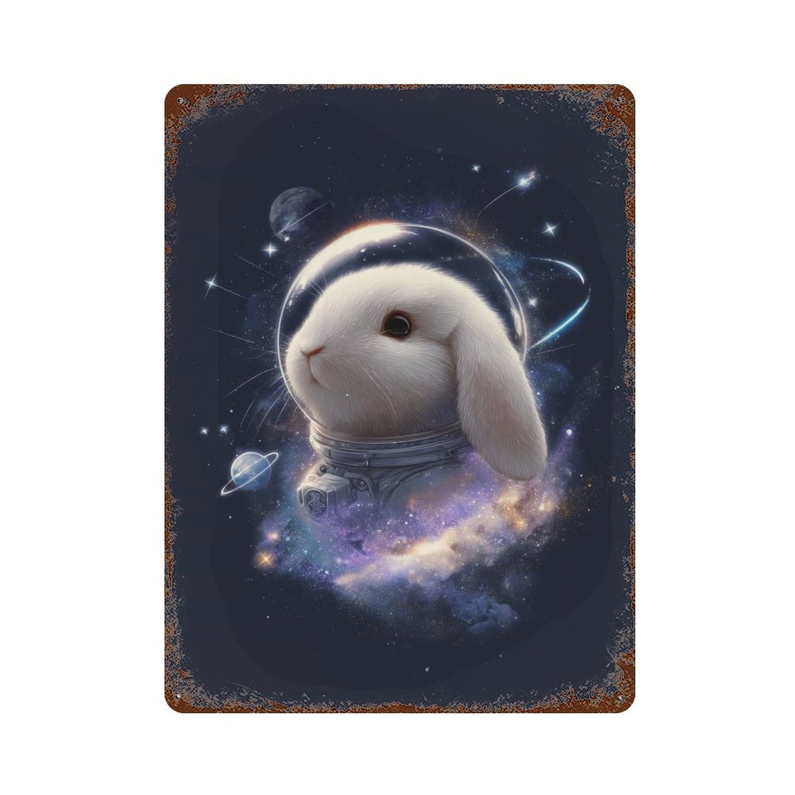 Rust Effect Astronaut Rabbit in Space Distressed Metal Wall Sign 15.7"x11.8", Decorative Metal Wall Art for Living Room, Hallway And Home Decor