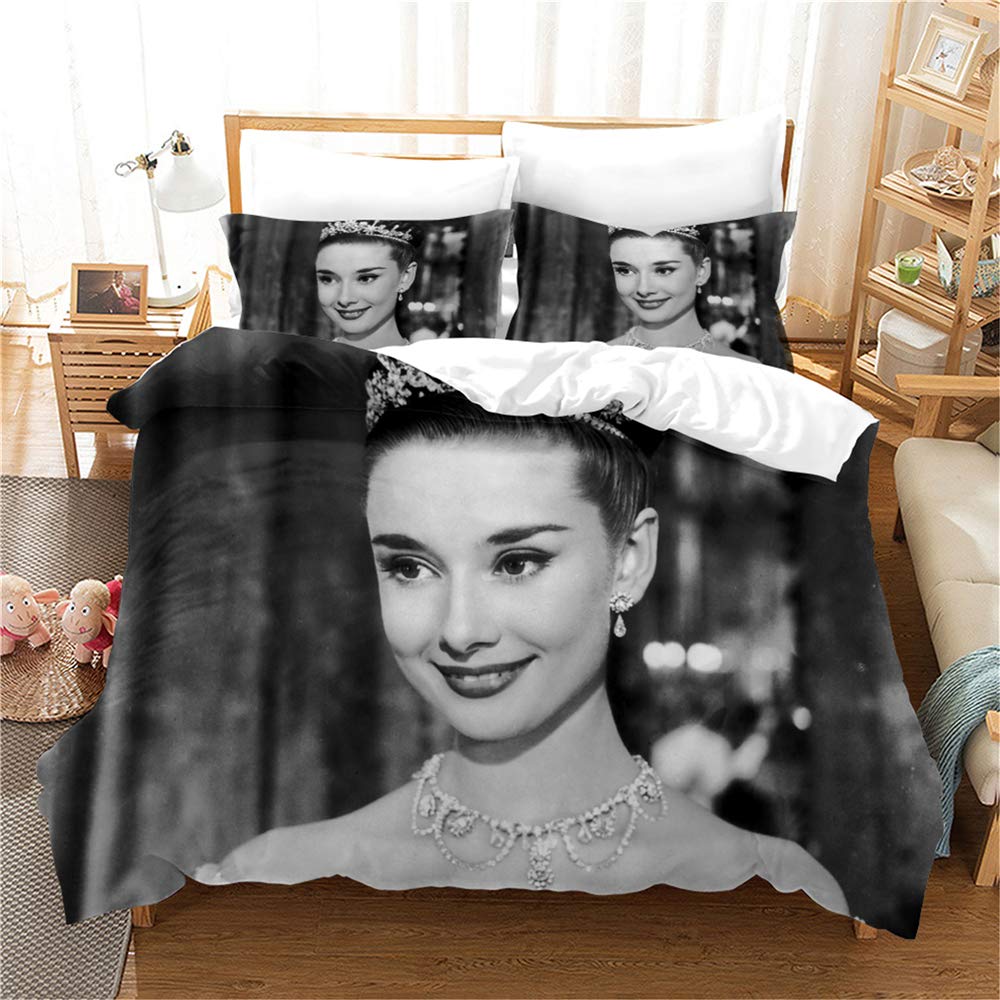 Ste-X Style 02 Duvet Cover With 2 Pillowcases Audrey Hepburn Bedding With Zipper Microfiber Double Size Bedding Set (,220X230cm(King))