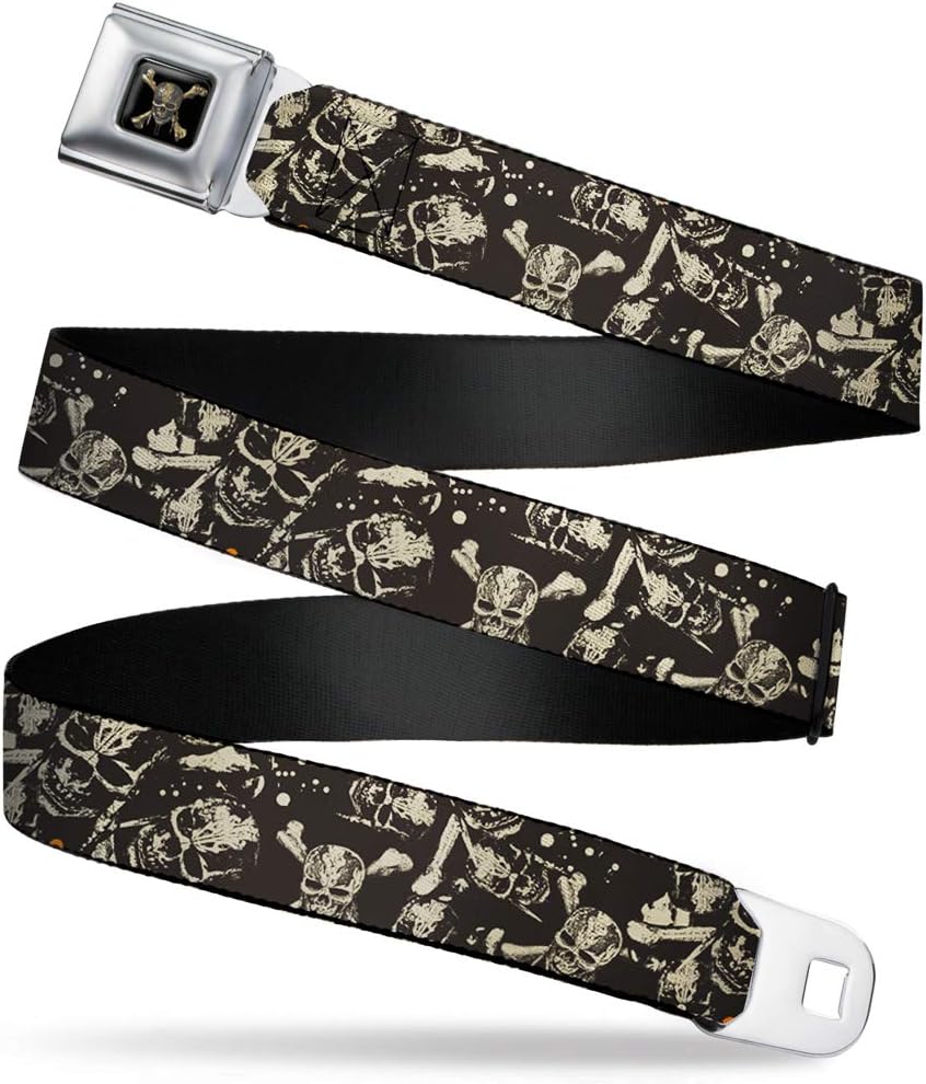 Disney Belt, Seatbelt Buckle Belt, Pirates Dead Men Tell No Tales Skull Icon Scattered Black Tan, Adjustable