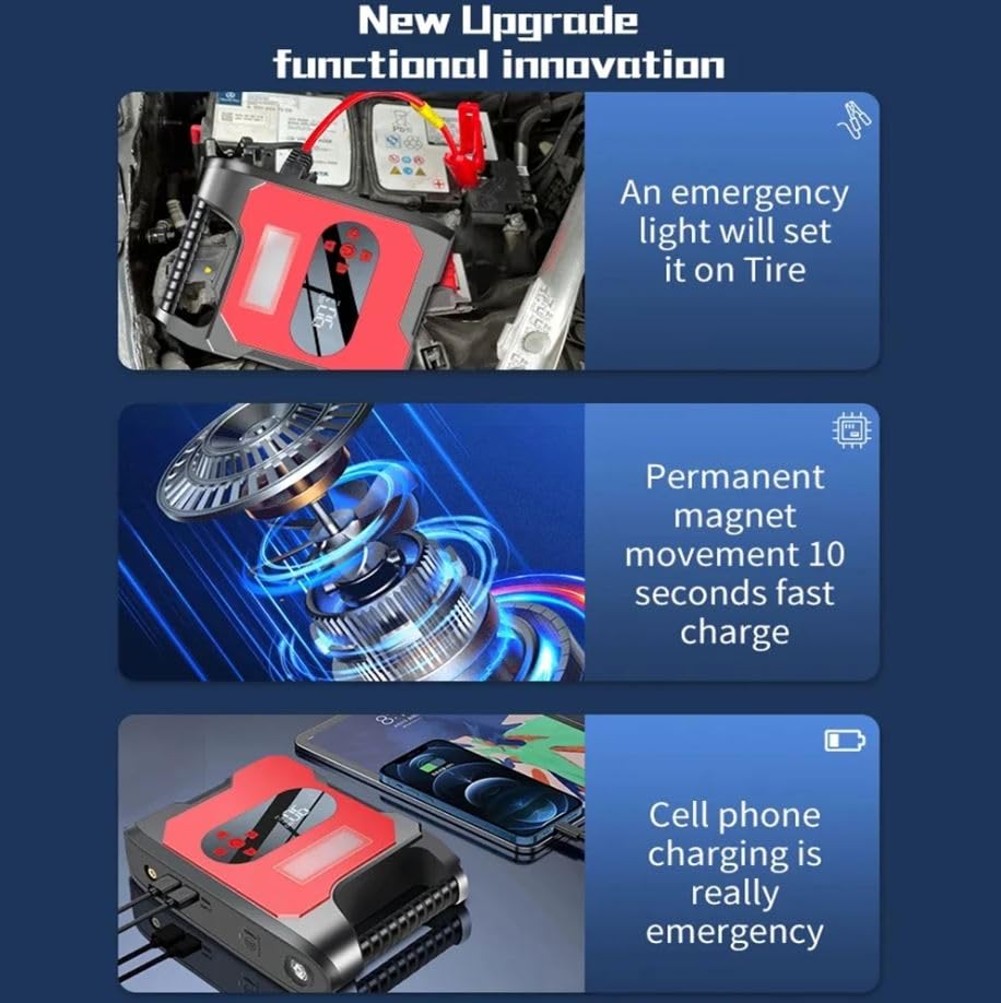 Image of CLOUDSALE Handy Portable Jump Starter with Air Compressor 12V 2000A Car Battery Booster Jump Starter with 150PSI Air Compressor Power Bank with USB Socket,LCD Display and LED Light.