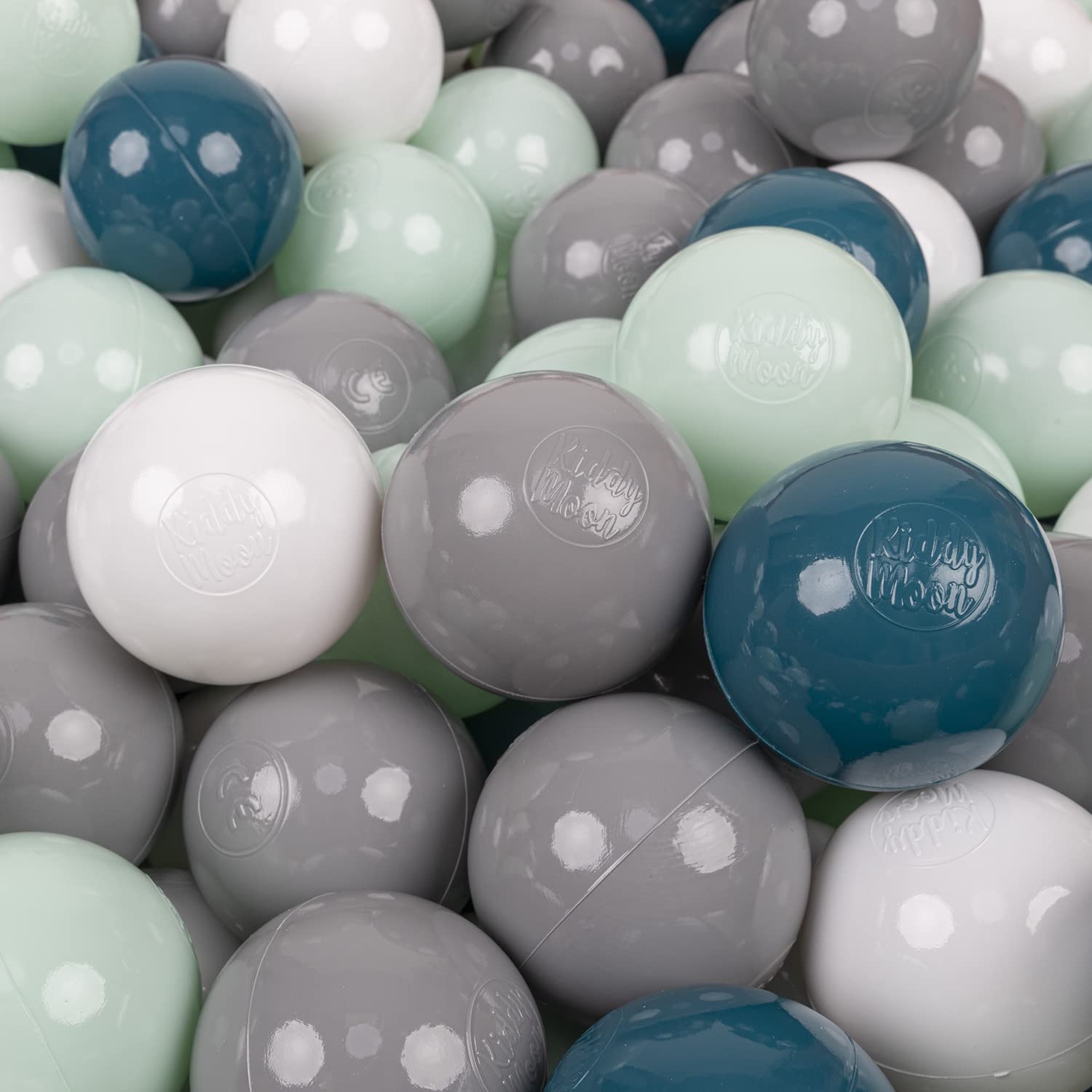 KiddyMoon Soft Plastic Play Balls 50 Balls/7Cm-2.75In Multi-Colour Made In EU, Dark Turquoise/Grey/White/Mint — image 1