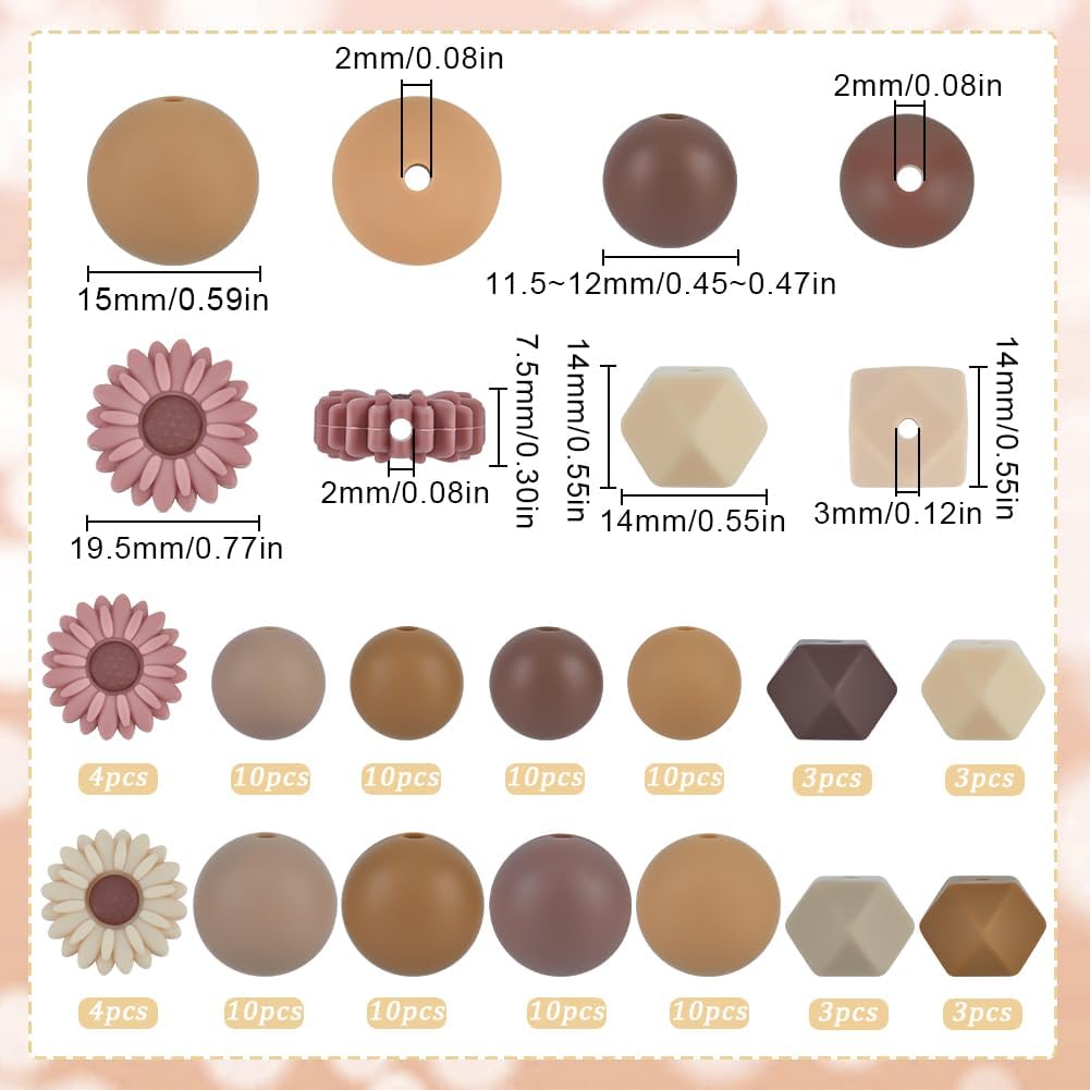 SUNNYCLUE 100Pcs 14 Styles Daisy Silicone Bead Mixed Silicone Focal Beads Bulk Opaque Colorful Round Hexagon Flower Matte Loose Spacer Bead for Keychain Pen Jewelry Bracelet Necklace DIY Decoration - Image 2