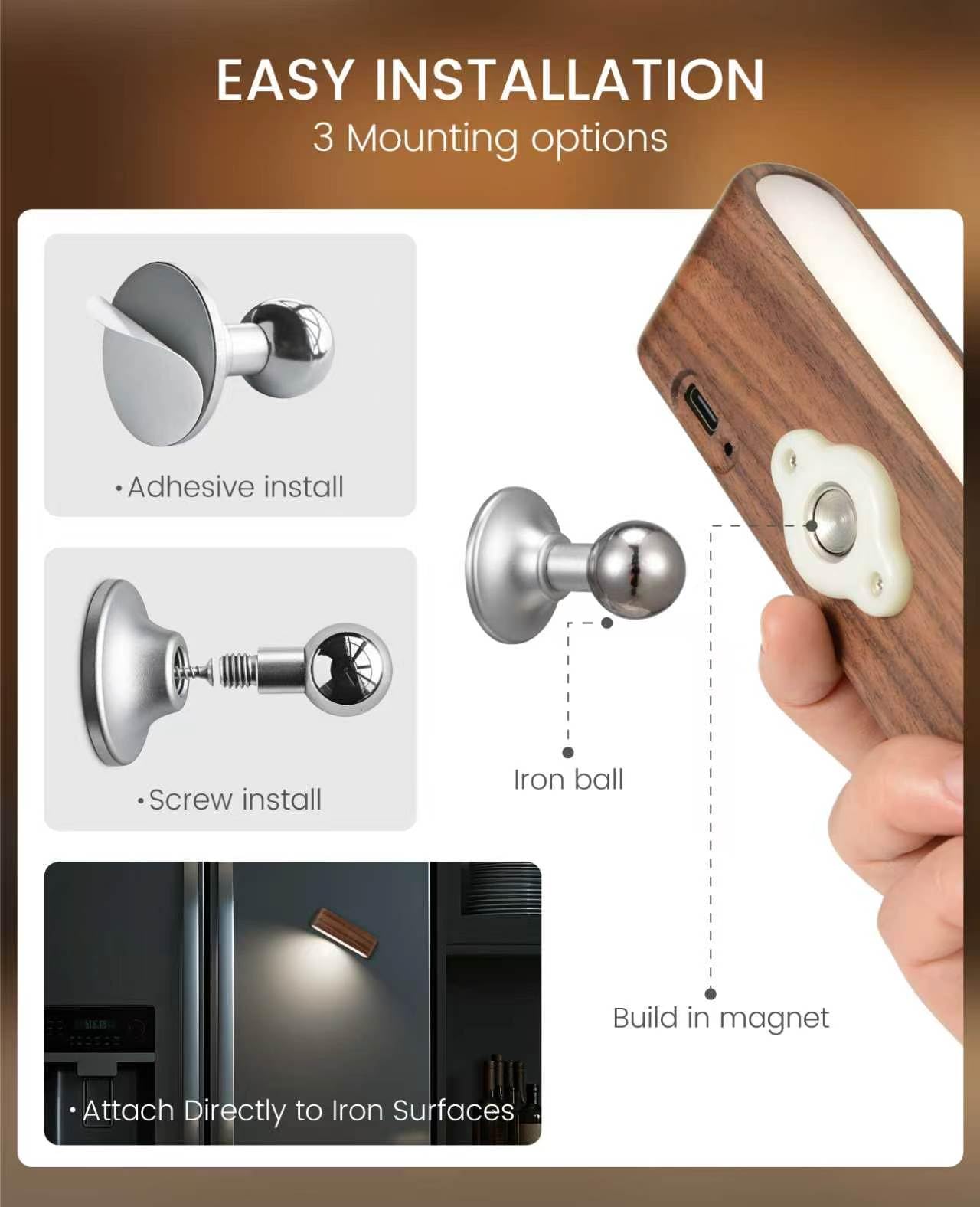 Aplique de pared LED de madera magnético giratorio de 360°, mini lámpara de brillo ajustable, luces nocturnas recargables, luz de lectura alimentada por pilas, para mesita de noche, pasillo, sala de
