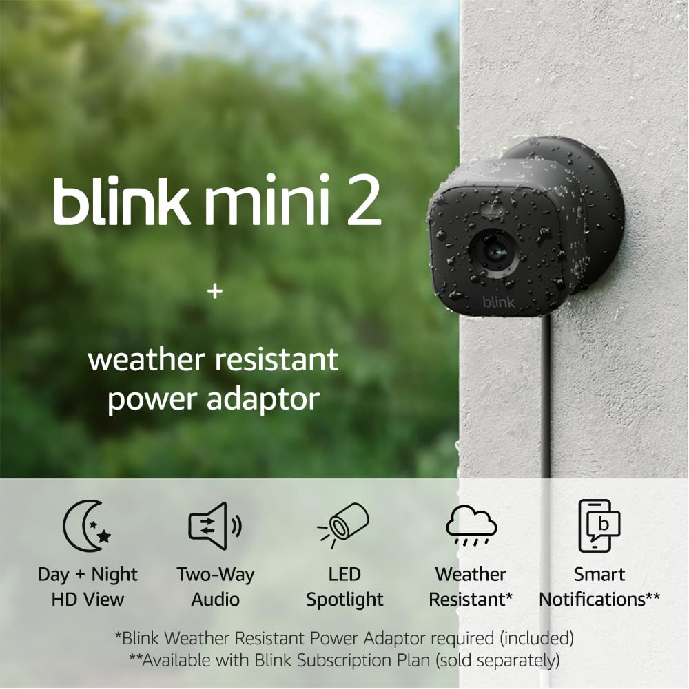 BlinkMini 2 + Weather Resistant Adaptor – Plug-in smart security camera, indoor/outdoor, HD night view in colour, two-way audio, motion detection, works with Alexa (Black)
