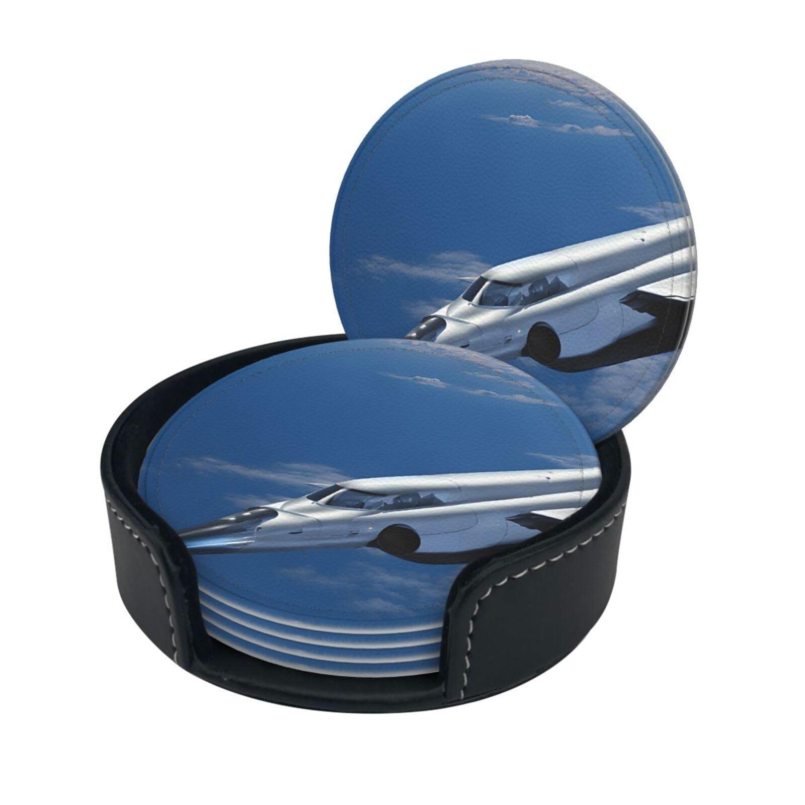 Flying Airplane Print Coaster,Round Leather Coasters with Storage Box for Wine Mugs,Cold Drinks and Cups Tabletop Protection (6 Piece)
