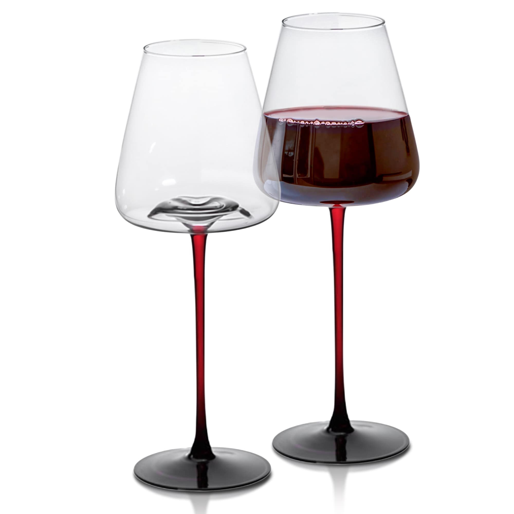 LEMONSODA Juego de 4 copas de vino cóncavas grandes, tallo rojo de lujo y parte inferior negra para vino tinto y blanco, cristalería hecha a mano de primera calidad para bares domésticos de lujo, 16