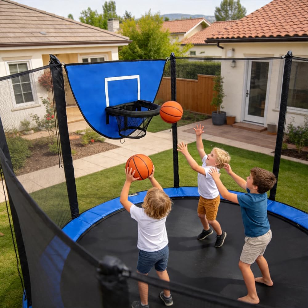 Trampolin Basketballkorb, 98 * 50cm Basketballkorb für Trampolin mit 4 Mini Aufblasbare Basketbällen, Basketball Korb für Trampolin, Trampolin Zubehör für Innen und Außenbereich (Blau)