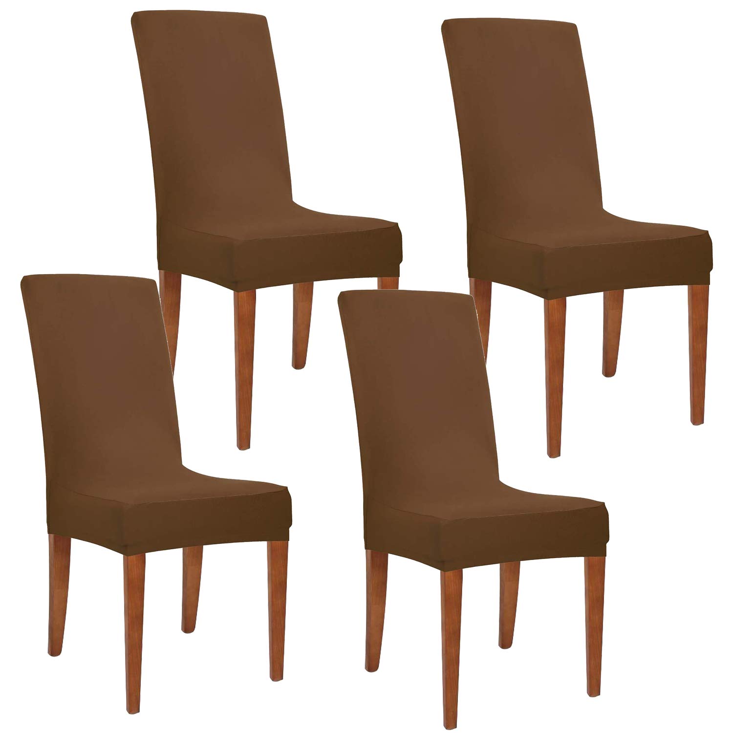obstal coffee stretch spandex dining room chair covers – set of 4 universal removable washable chair seat slipcovers protector for kitchen, ceremony, wedding, banquet, hotel and party