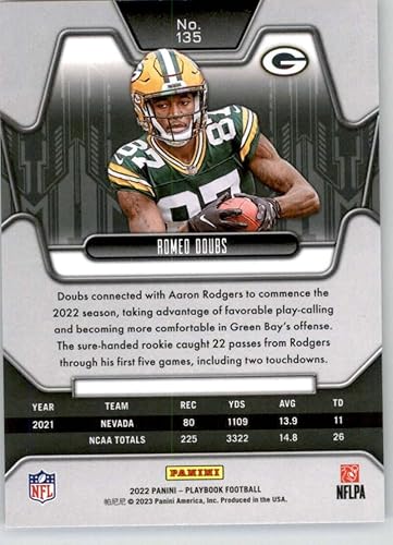 Miniatura 2 de 2022 Panini Playbook #135 Romeo Doubs RC Rookie Card Green Bay Packers Official NFL Football Card in Raw (NM or Better) Condition
