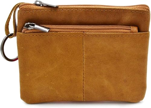 Freezx Cartera de piel auténtica con cremallera para mujer, llavero con 3 cremallera