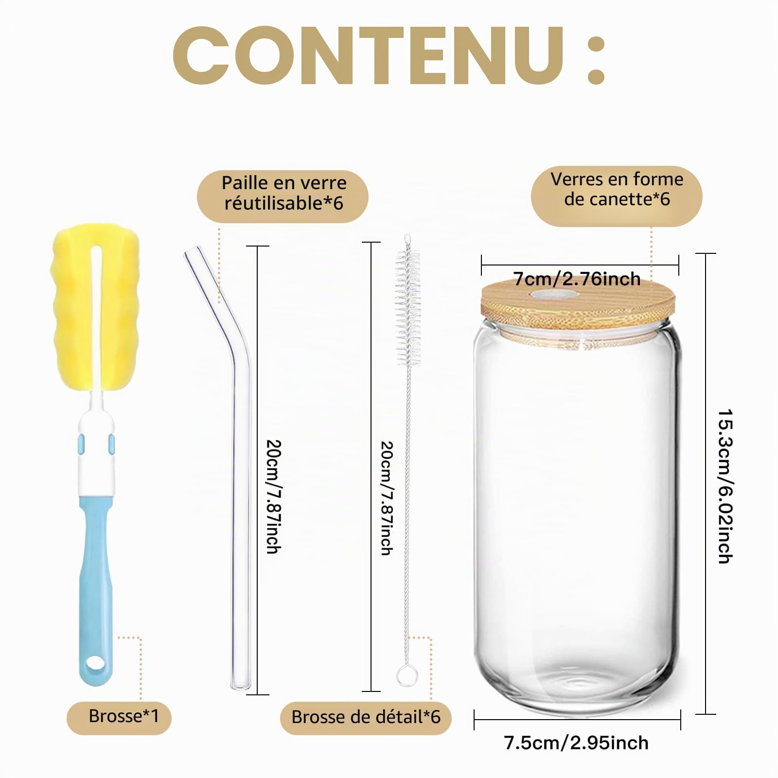 Lot de 6 Pièces Verre avec Paille - Verres à boire 500ml avec couvercle, Set de verres à cocktail, Verres à café glacé, Verres à thé ou à eau Verres avec Couvercle et Paille, Set cadeau
