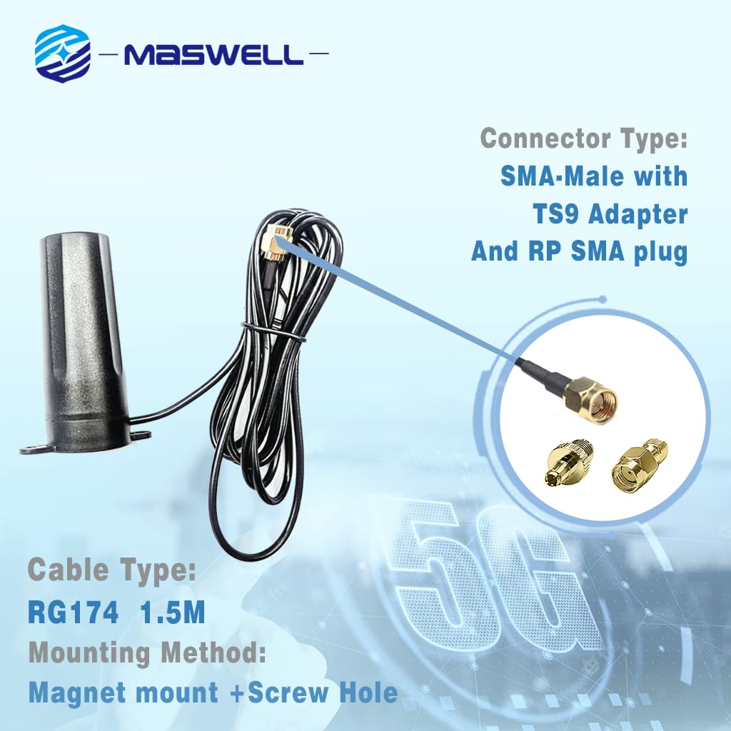 Maswell Antenne cellulaire 600-6000 MHz 5G 4G WiFi6 Aimant et montage à vis rentable pour IoT et distributeurs automatiques SMA mâle RP SMA (antenne IoT intérieur/extérieur non pour amplification
