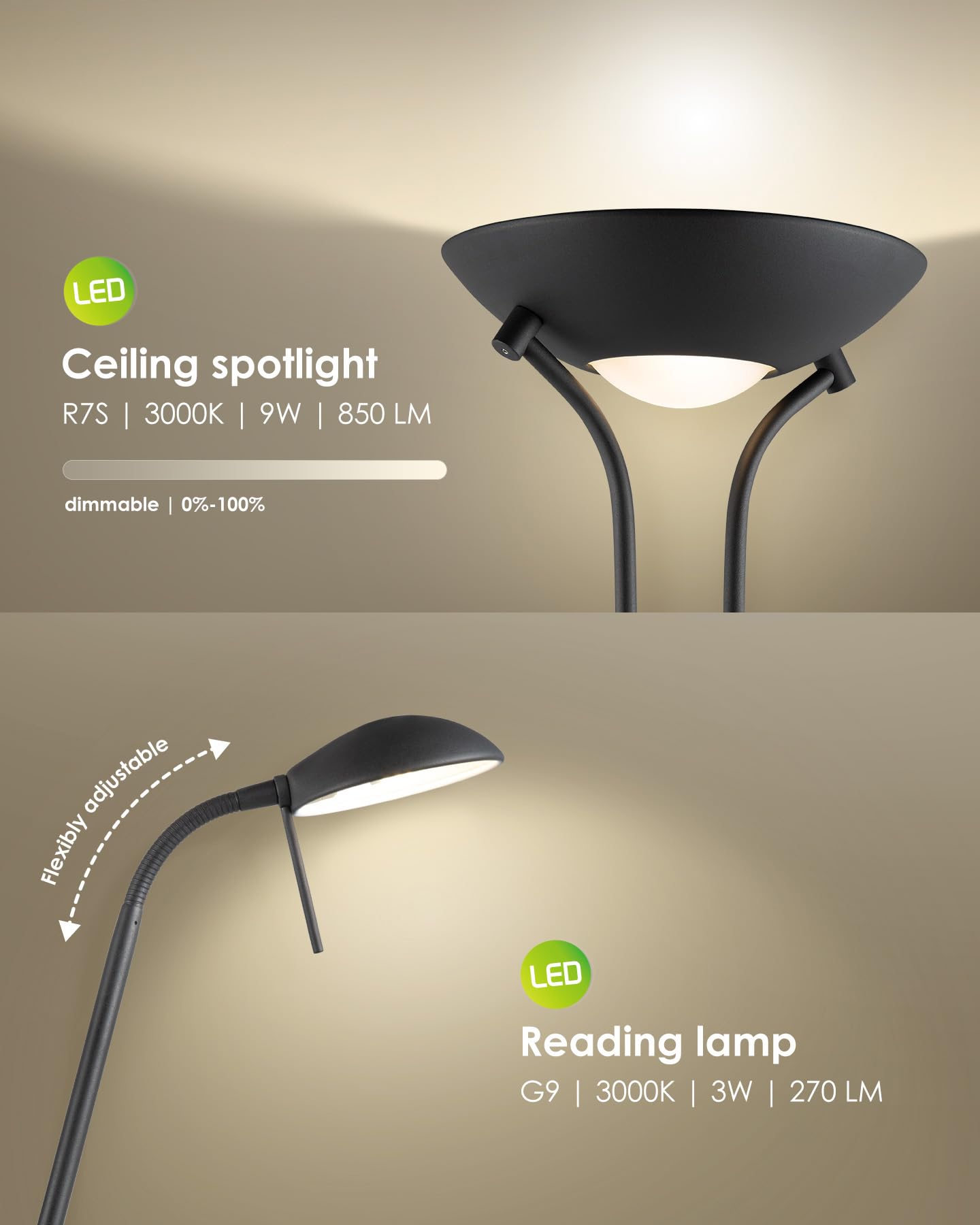 Home Sweet Home Lámpara de Pie LED Regulable Negra - Foco de Techo Salón con Luz de Lectura - Incl. Bombillas R7S y G9 Intercambiables - 180cm Metal - Luz Blanca Cálida Moderna