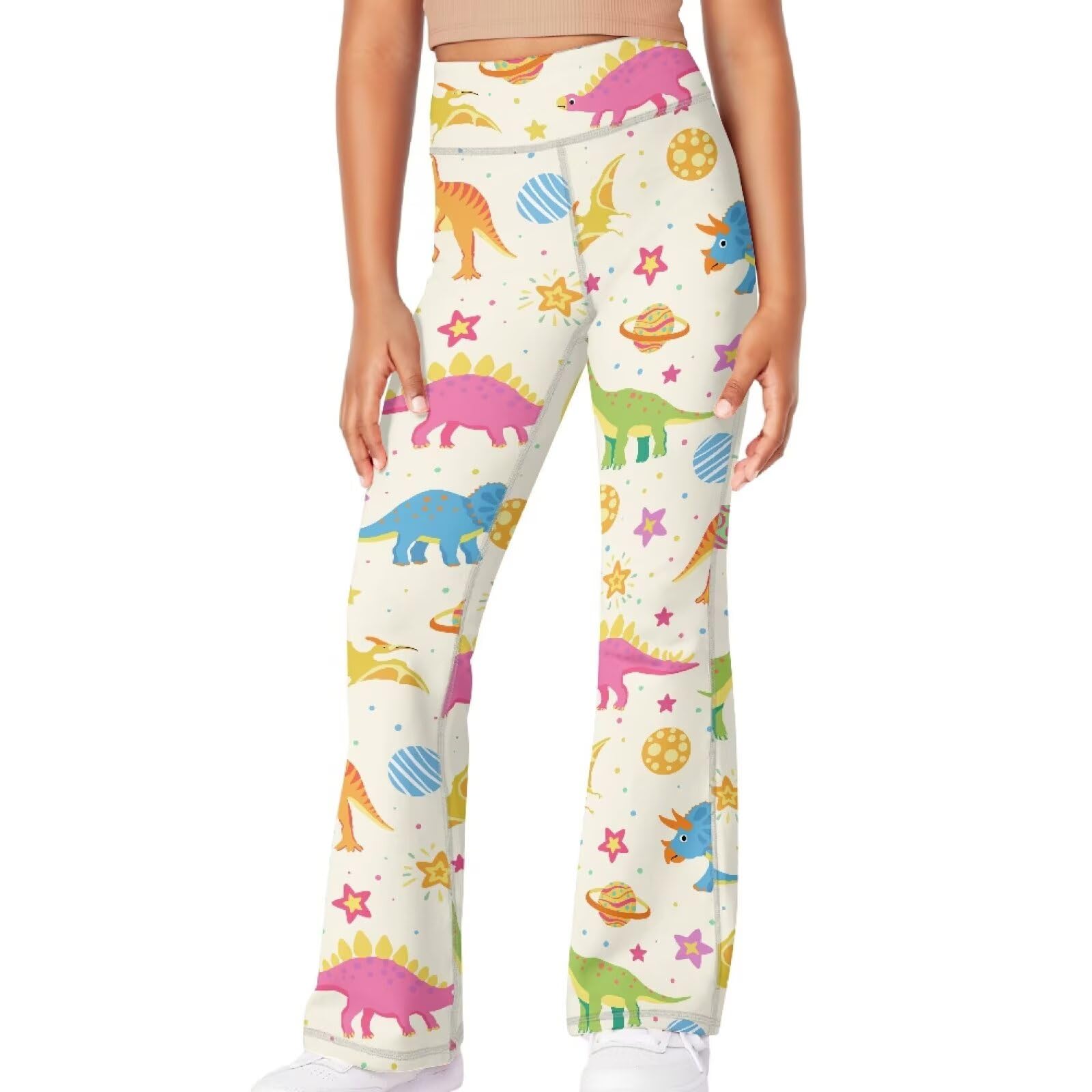 YORXINGY Colored Dinosaur Cute Yoga Pants for Girls 5-6 Girls Bell Bottom Pants High Waist Graphic Sweatpants Slit Flared Yoga Trousers for Church Bridesmaid Graduation