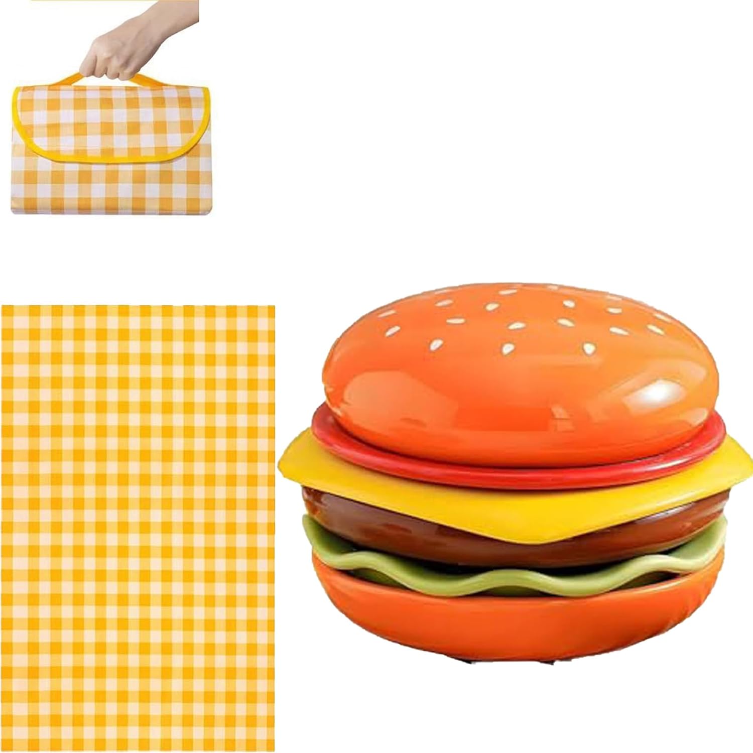 Ceramic Hamburger Plate Set, 6-Piece Stackable Burger Plate Sets with foldable waterproof camping mat for Snack, Dessert, and Sushi Dip (2 Pcs)