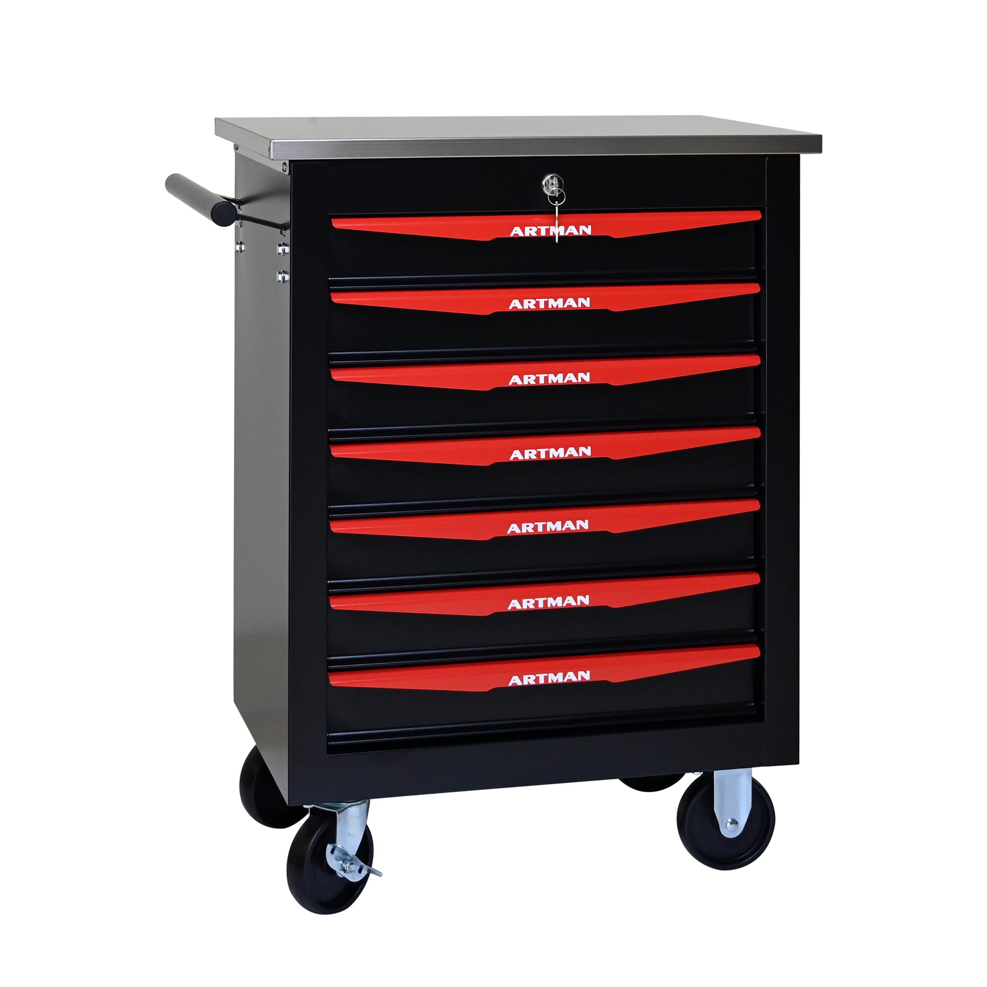 Generisch Carrello portautensili a 7 cassetti con 4 volanti e chiavi di sicurezza – Cassetti con cuscinetti a sfera, verniciatura a polvere per garage e officina, nero e rosso
