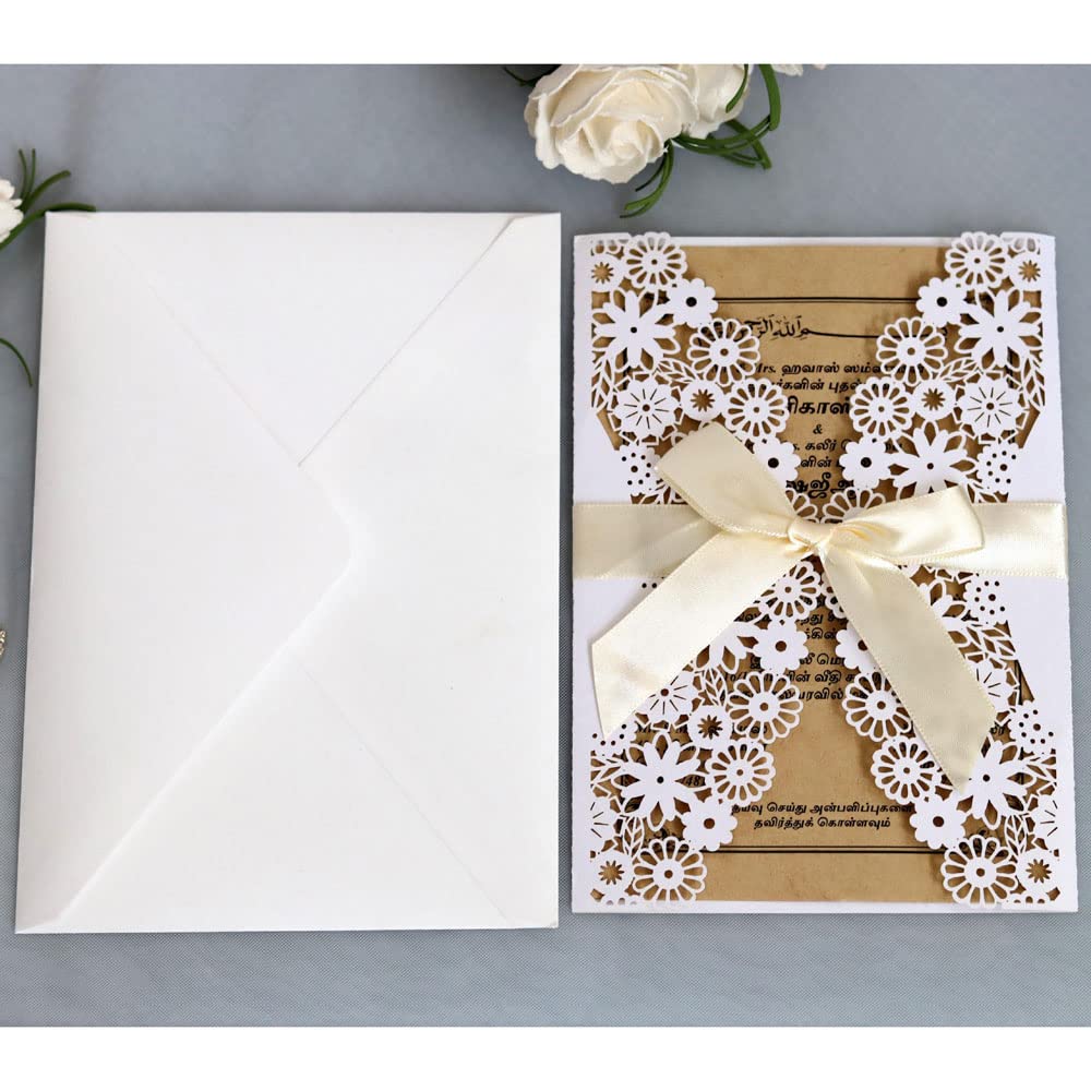 YHOTA - 20 Biglietti D'Invito Tagliati Al Laser Con Nastri - Motivo Floreale - Tasche 4,92x7,28 Pollici Per Matrimoni, Compleanni, Feste