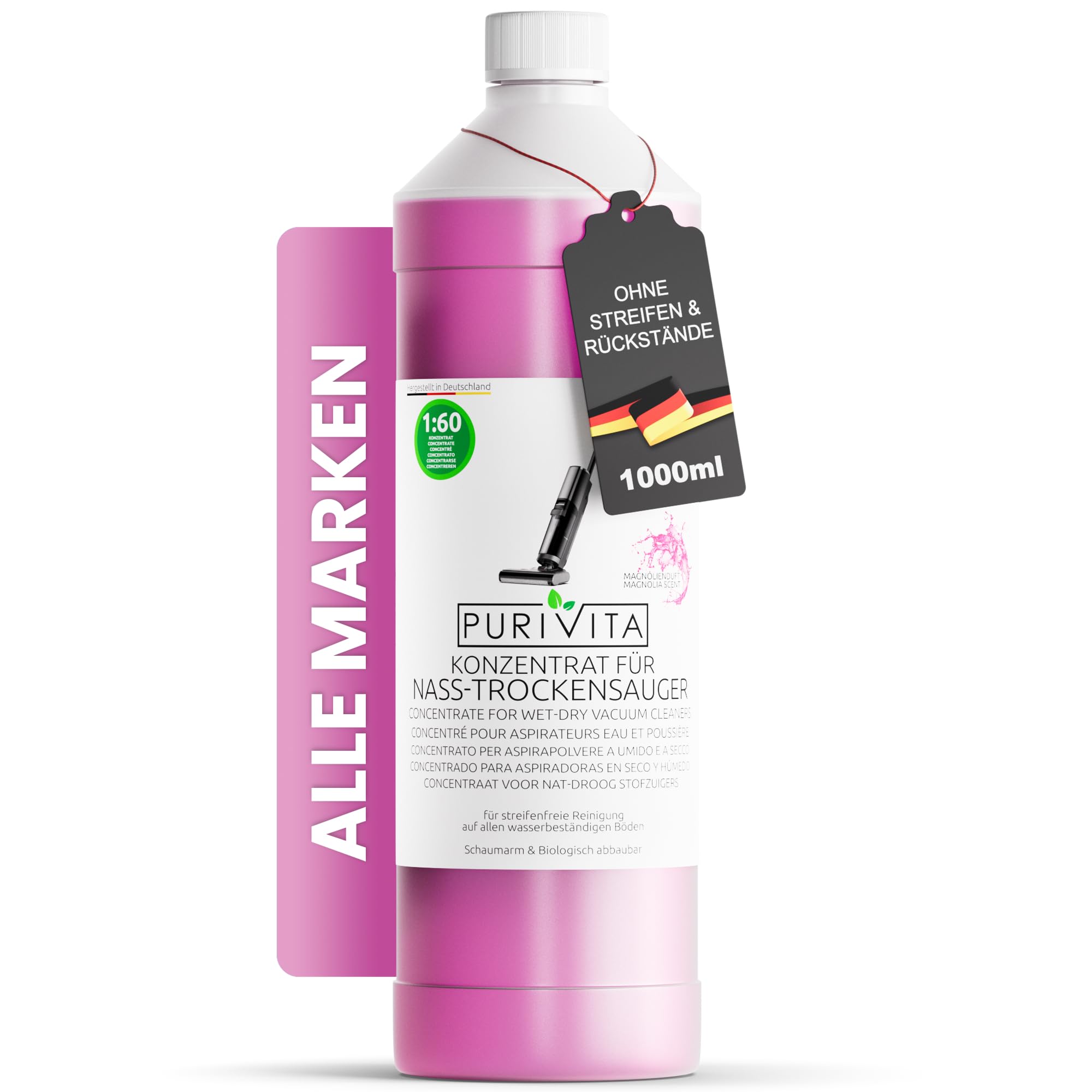 PURIVITA® Reinigungsmittel für Saugwischer [1L] - Reiniger für Waschsauger Konzentrat - Nasssaugerreiniger für jeden Boden - Nasssauger Reinigungskonzentrat - Magnolienduft - Wischpflege