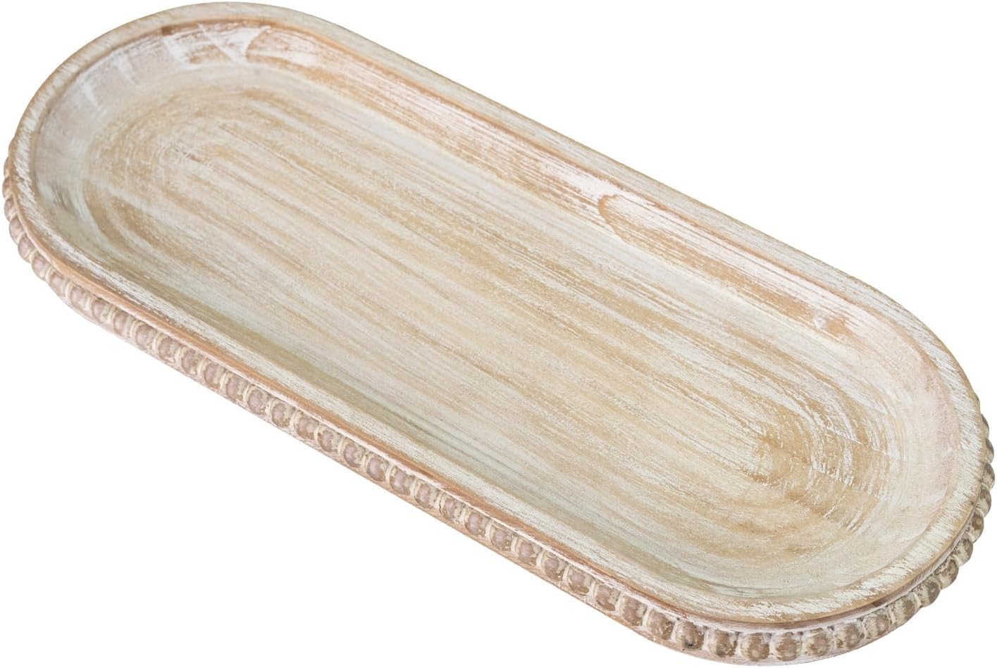 MAONAME Oval Long Narrow Wood Tray, Rustic Decorative Tray with Beaded, Wash White Farmhouse Vanity Trays, Toilet Tank Trays for Dresser, 12" x 4.7"