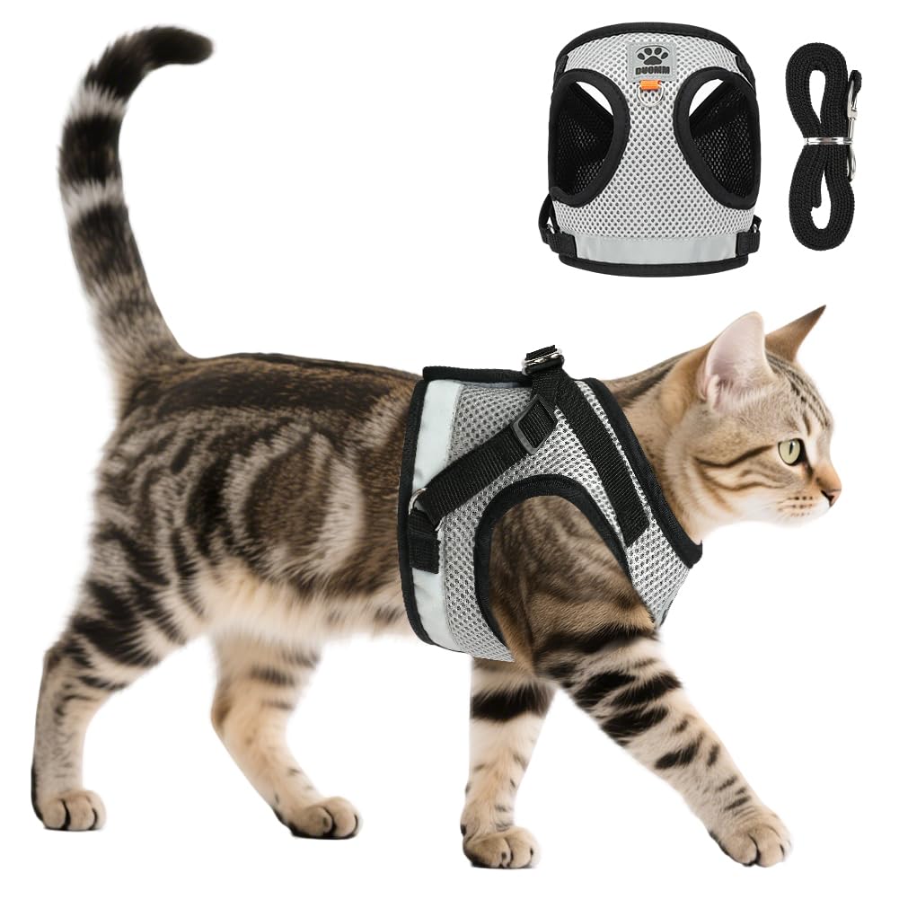 AUYAO Pettorina per Gatti– Set Antifuga Regolabile e Traspirante per Gatti Piccoli/Medi, Design Riflettente per Passeggiate Notturne, Comfortevole e Sicuro (Grigio-Nero, S)