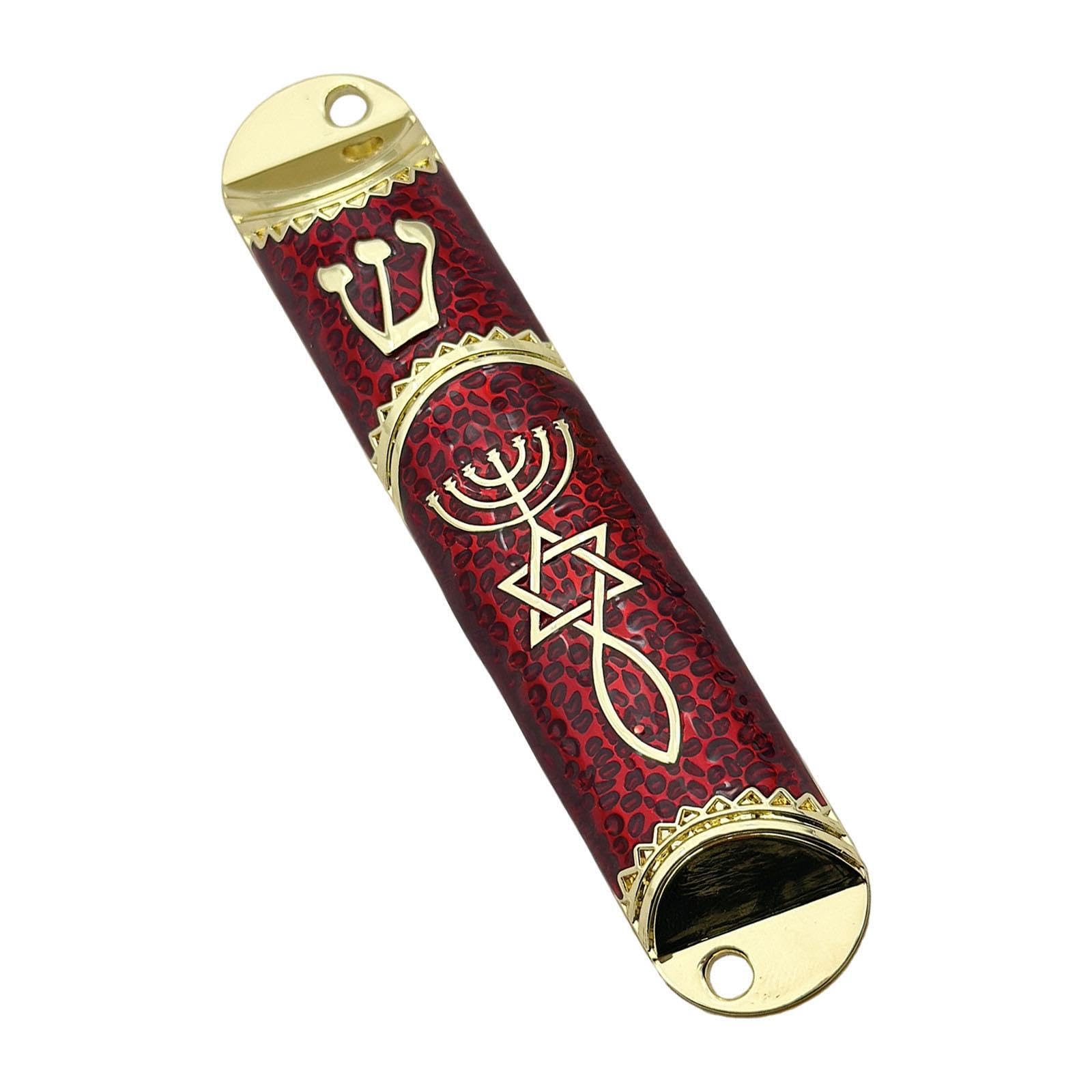 CYDZSRA Exquisite Jewish Mezuzah Case Cover Metal Blessing Handcrafted Ornament Doorway And Decor Jewish Holidays Decor Or Housewarming Gift Mezuzah Case Cover Ornament Home, Red, Length 10.6cm