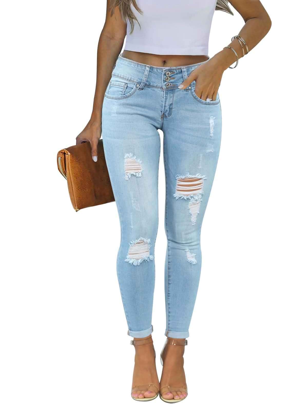 KUNMI Women's Skinny Ripped Trendy Jeans Distressed Stretchy Denim Pants Jeans
