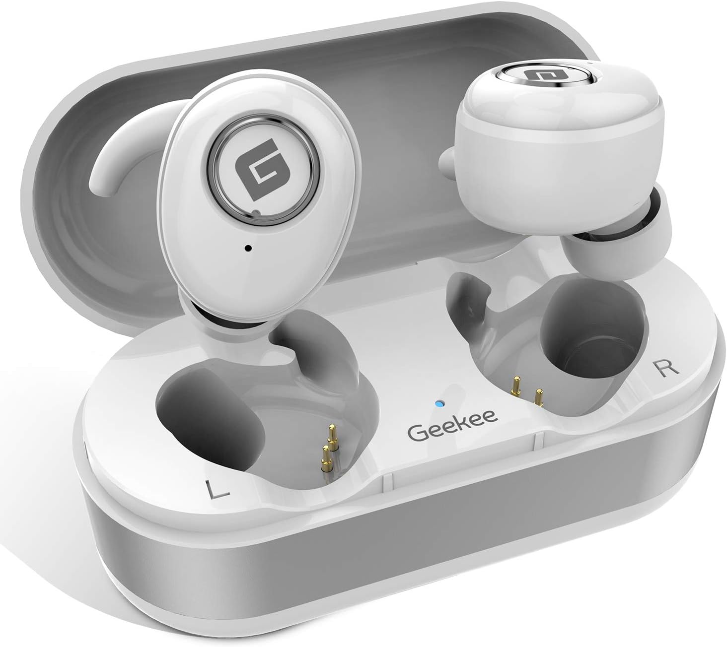 True Wireless Earbuds Bluetooth 5.0 Headphones, in-Ear TWS Stereo Headset w/Mic Extra Bass IPX5 Sweatproof Low Latency Instant Pairing 15H Battery Charging Case Noise Cancelling Earphones (Silver)