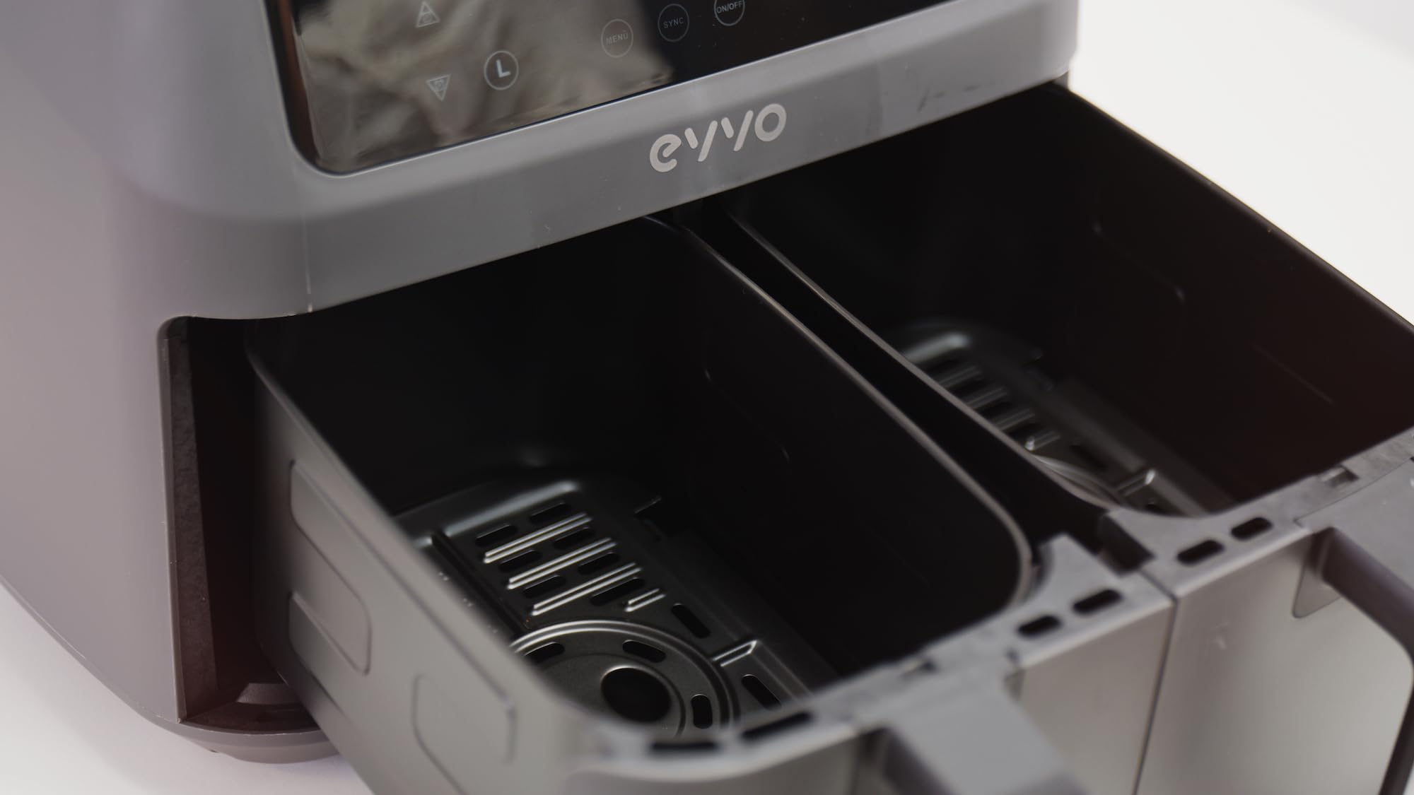 EVVO Friggitrice ad aria senza olio da 8 l, 2800 W, doppio cestino, ciotola antiaderente, tecnologia Dual Cyclone, 10 programmi, cottura, disidrata, scongelamento, fino a 200 gradi (colore: nero)
