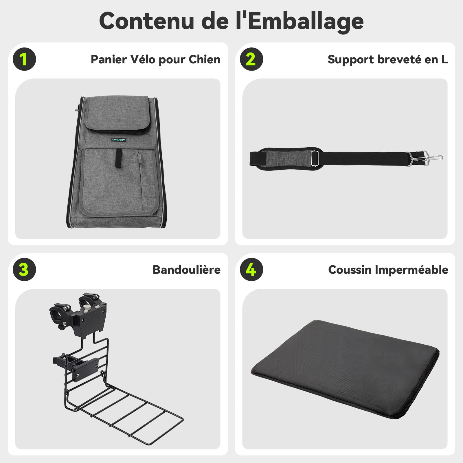 Panier Vélo Avant pour Chiens Chats jusqu'à 10KG avec Support Φ80mm, 4 en 1 Sac à Dos Animaux