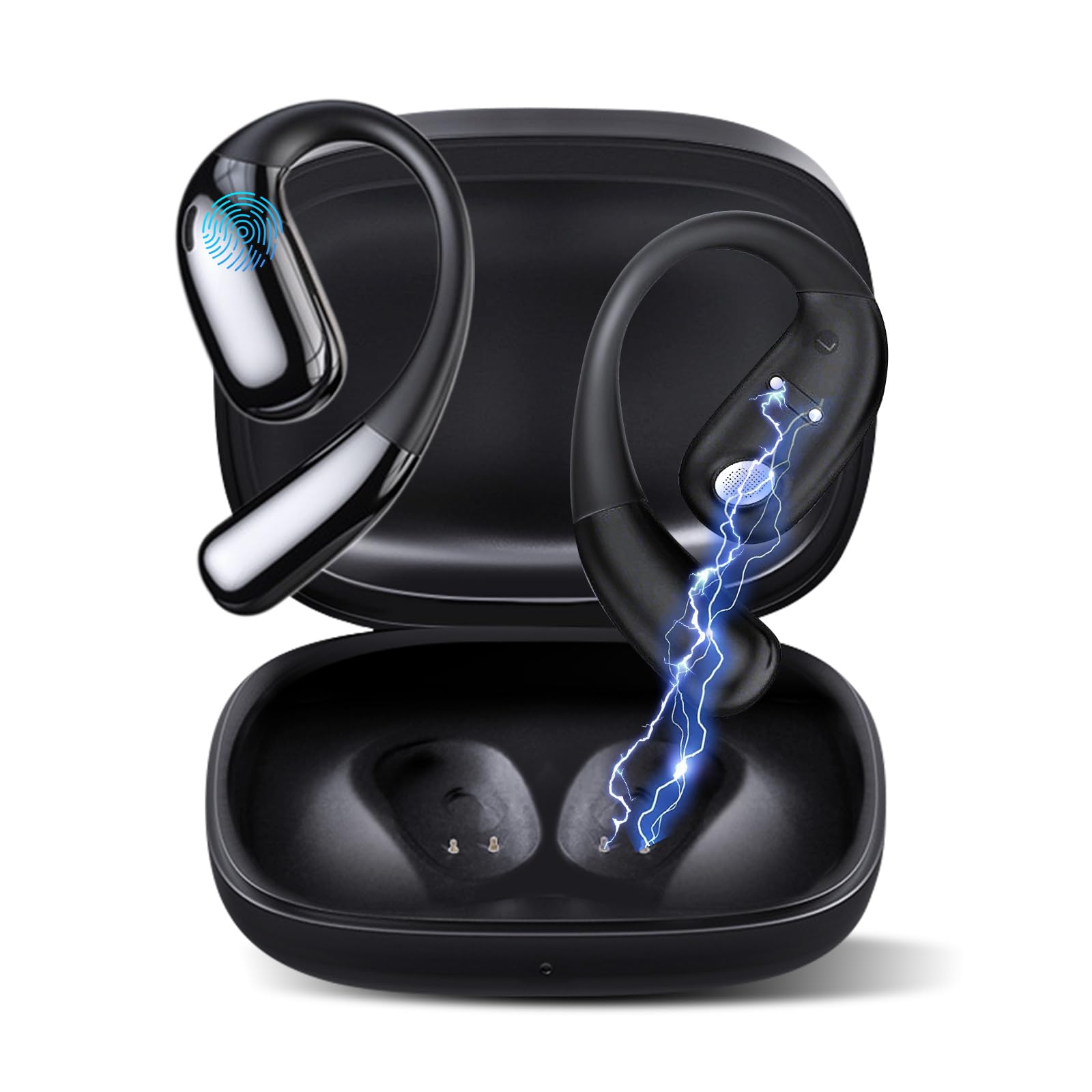 Man wearing Ourlife AI Translation Earbuds A38, highlighting intelligent noise cancellation, Bluetooth 5.4, comfort, 7-hour battery, no in-ear design, and lossless sound quality.