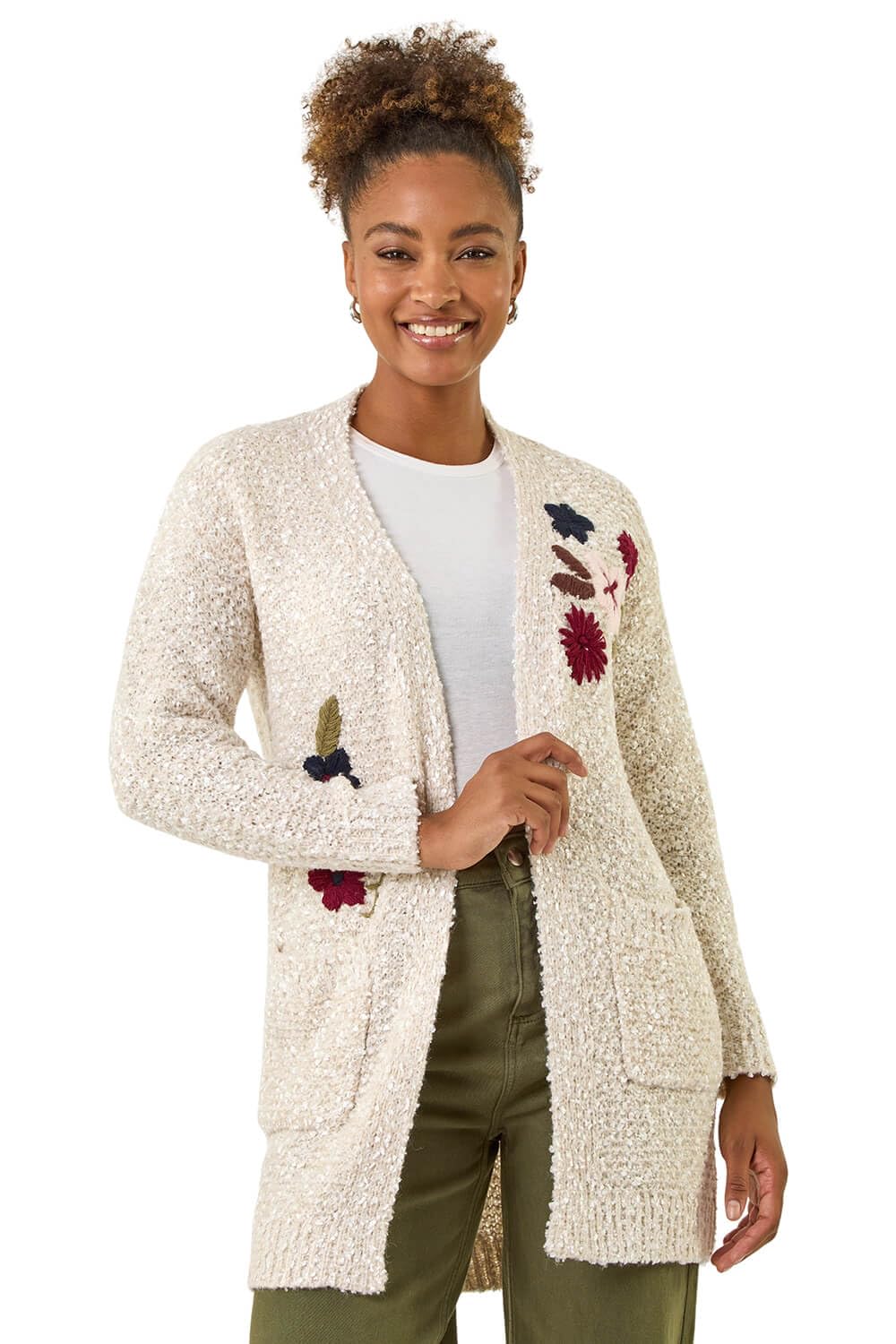 Roman Women's Ivory Embroidered Floral Knit Cardigan