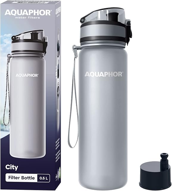 AQUAPHOR City Bottle 500ml Grey I Bottle with water filter for travel I Filter with activated carbon I Filters chlorine I Made of Tritan & BPA-free