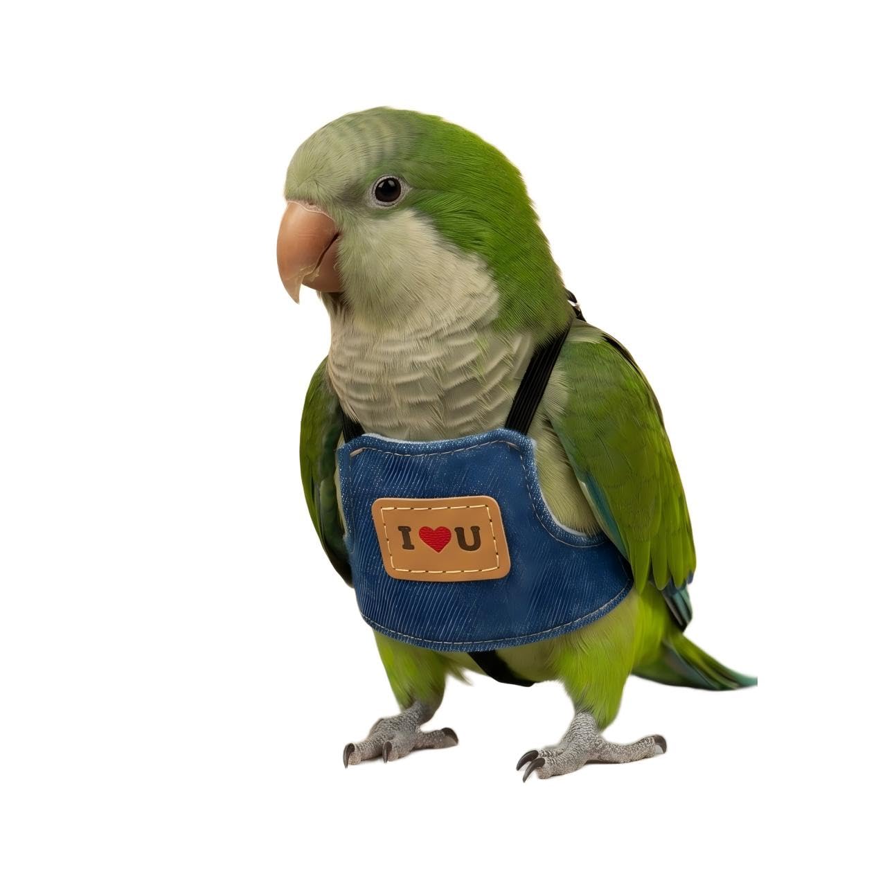 2PC Cute Denim Parrot Harness and Lead, Adjustable Anti-Escape Bird Flight Vest, Lightweight Anti-Bite Bird Walking Harness with I Love U Pattern, Soft Breathable for Budgie, Cockatiel (L（11.5cm*11cm）