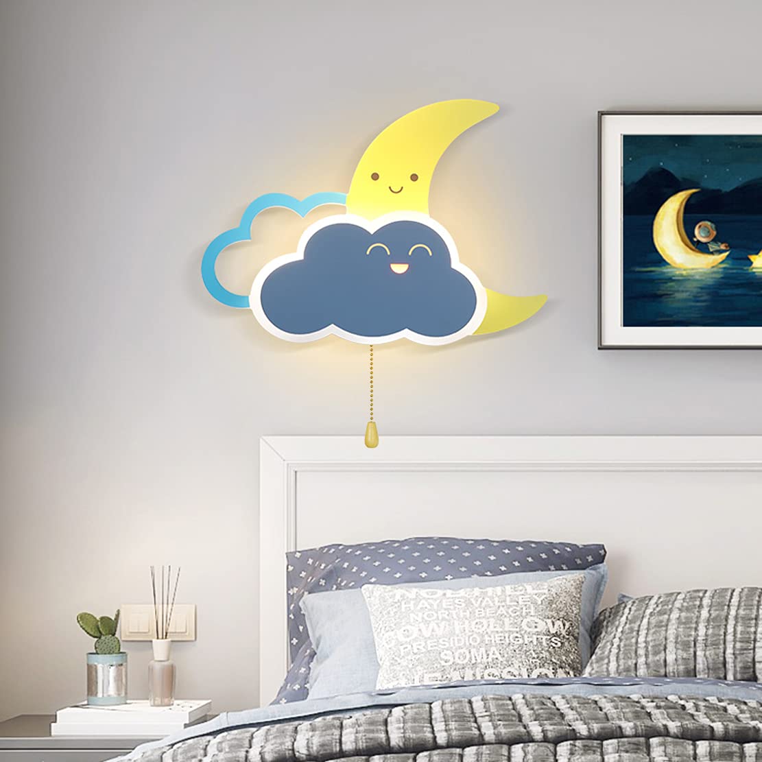 Lampa ścienna LED 8 W z włącznikiem, do pokoju dziecięcego, sypialni, lampka nocna, 3000 K, ciepła biel, 640 lm, dekoracja chmury, księżyc, metalowa lampka na stolik nocny, dla chłopców i dziewczynek