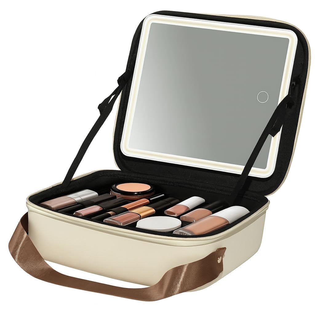 Travel Makeup Bag with LED Lighted Mirror – Portable Cosmetic Organizer Case with Adjustable Strap, Large Capacity, Waterproof PU Leather, Perfect for Travel & Home Use-image-20