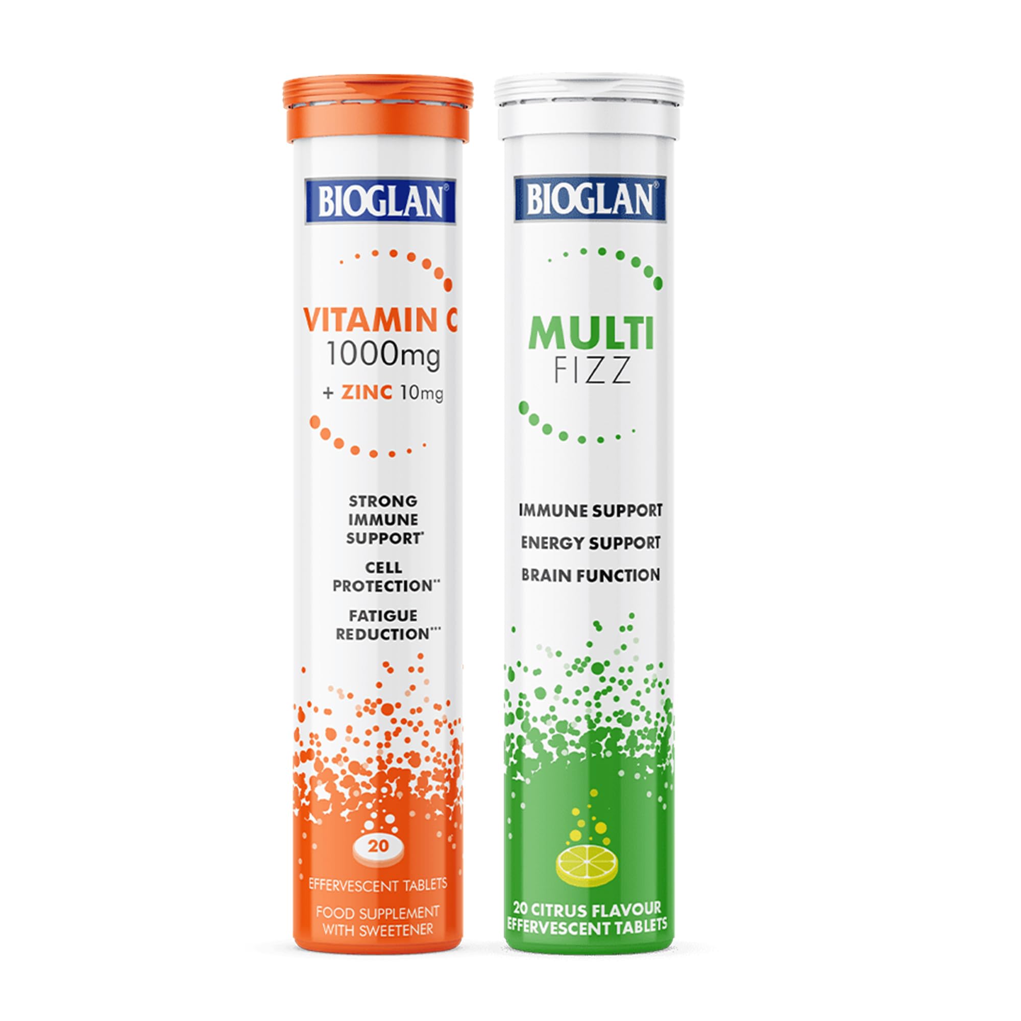 Bioglan Effervescent Wellness Bundle - Energize, Fortify, and Revitalize - Bioglan Multivitamin Fizz and Vitamin C + Zinc - 20 Effervescent Tablets Each, Citrus and Orange Flavored