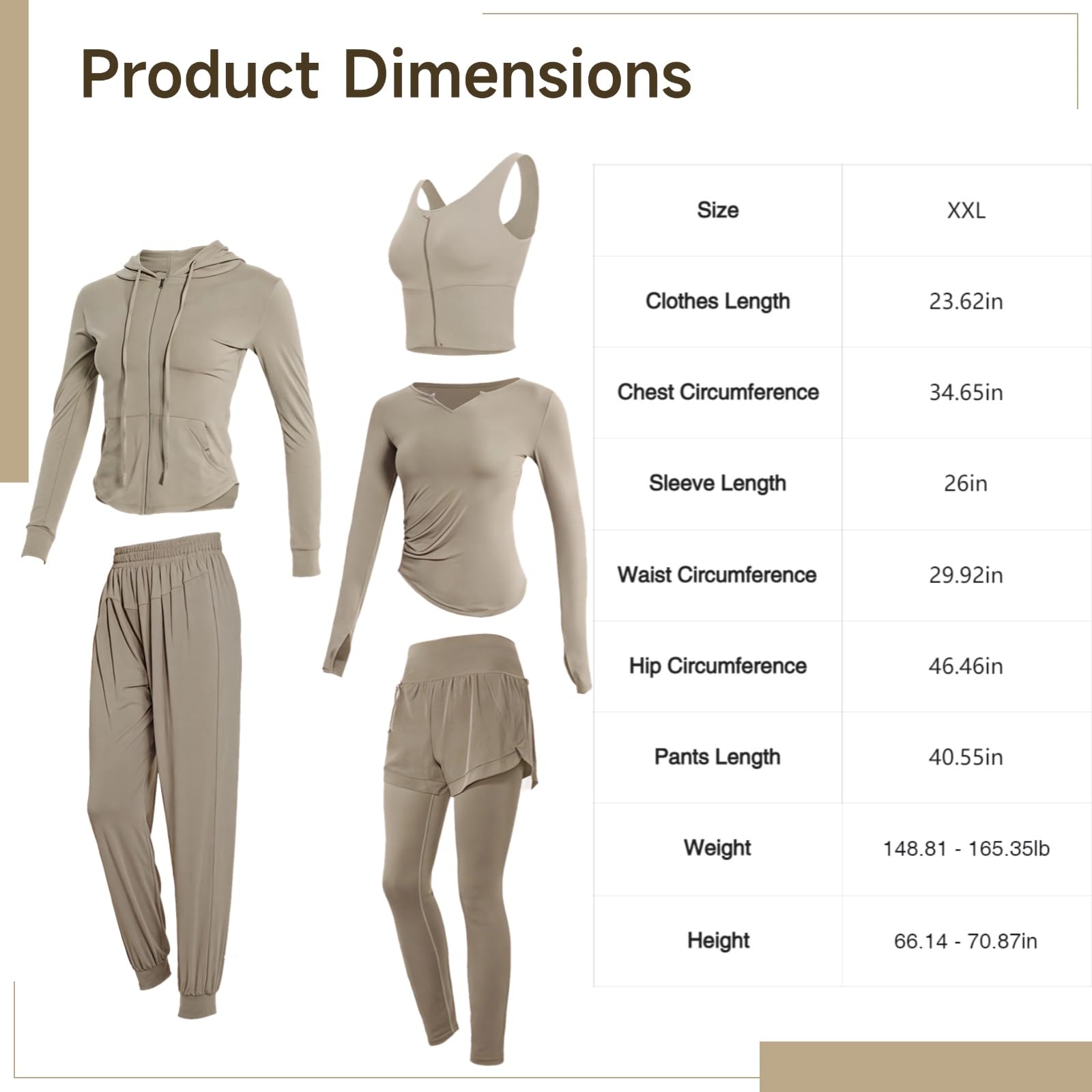 Set di abbigliamento sportivo da donna, 5 pezzi, abbigliamento da yoga con top a maniche lunghe, tessuto traspirante in poliestere spandex, adatto per donne da 1,5 m 0 cm a 1,5 m 28 cm, da 79,8 kg a