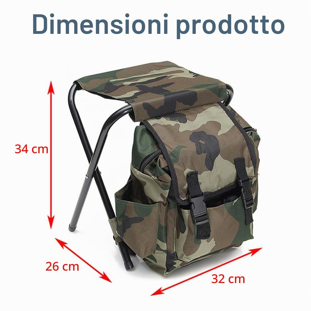 Sgabelli da Campeggio Pieghevoli per Esterni, Sedia da Campeggio Portatile in Tessuto Oxford con Zaino Carico Massimo 100kg per Pesca, Campeggio, Picnic, Barbecue, Mimetico