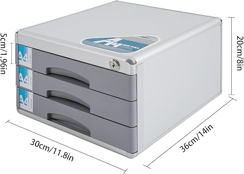3 Tiers Desktop Drawer Organizer, Aluminum Alloy File Organizer File Cabinet, Office Papers Organizer Drawer Organizer with Lock, 11.8'' W x 14''L x 8''H, Grey
