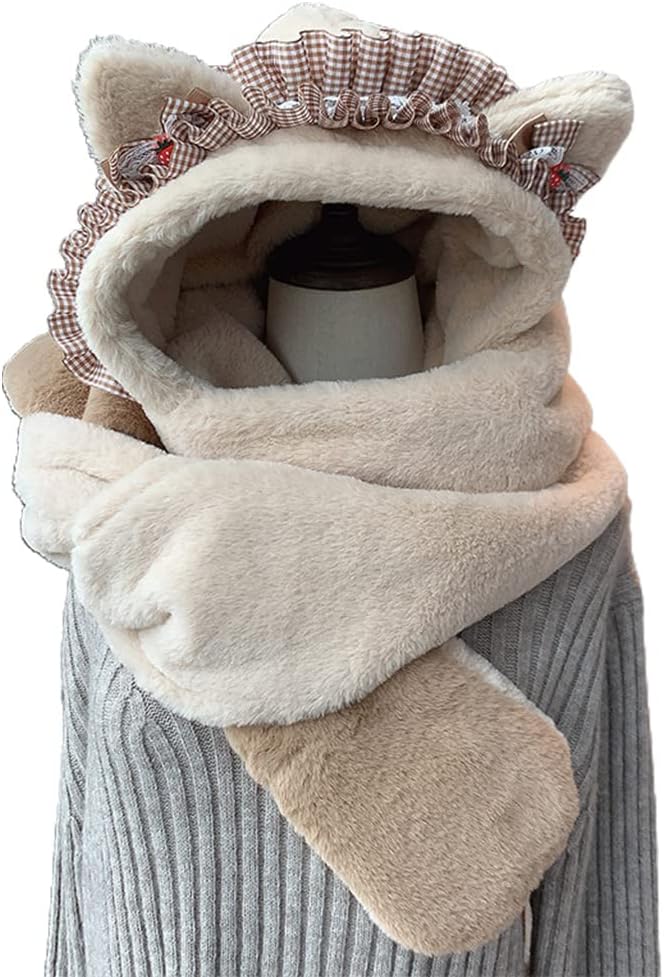 Scarf,3 in 1 Set Plush for Cat Ear Hat Scarf Gloves Beanie Hat Mitten with Pockets for Winter Daily Wear Scarf