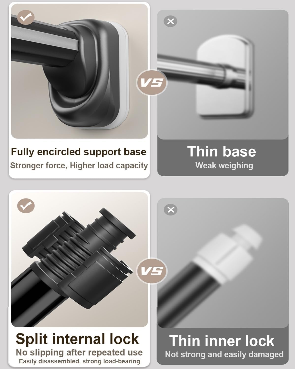 Tension Shower Curtain Rod, 40 50 70 110 160 210 260 310 360 410cm Stainless Steel Anti-Slip Adjustable Curtain Rods Bathroom Rod, No Drilling, for Bathroom, Closet, Window, Room Divider(Black,410-500