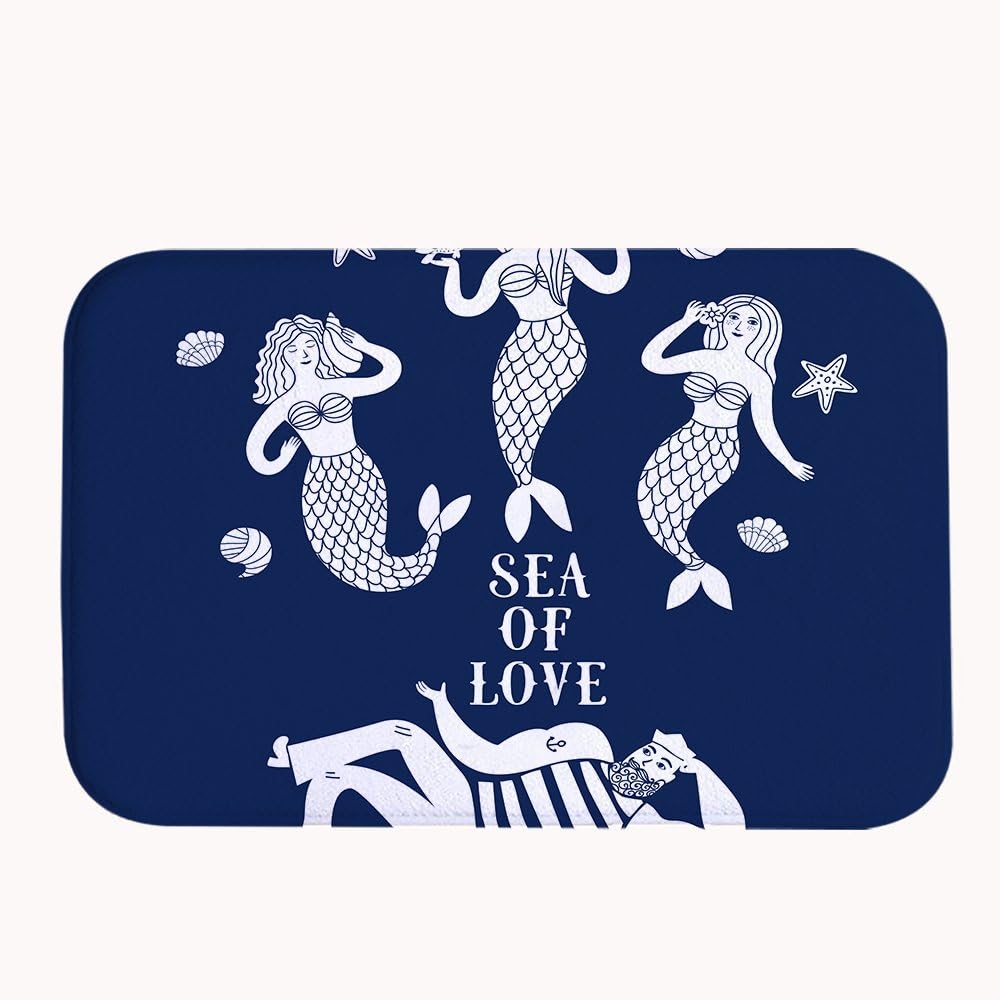 Ojngdafs Sailor and Mermaids in Love Navy Blue Coral Fleece Rug Super Absorbent Bath Mat 20" x 32"