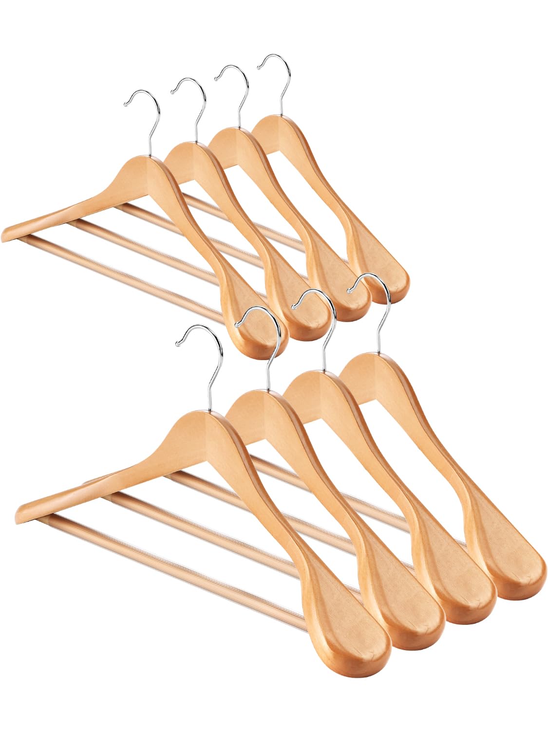 AMKUFO Perchas de madera de hombro ancho, paquete de 8 perchas con barra antideslizante para pantalones, perchas de madera resistentes con acabado suave, gancho giratorio de 360° para suéter, chamarra