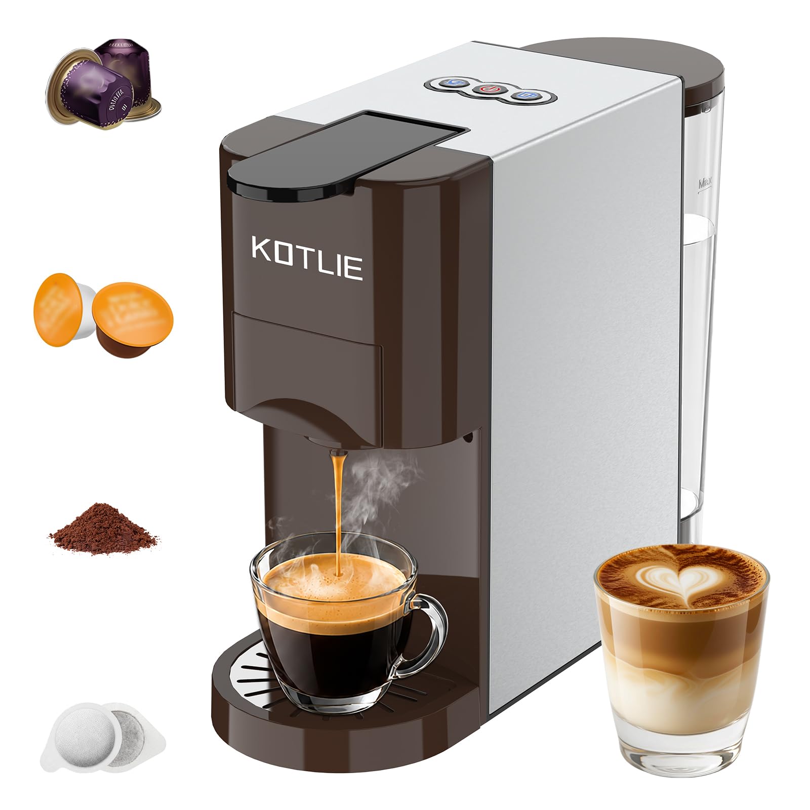 KOTLIE Kaffeemaschine, 4-in-1-Kaffeemaschine für NES/DG/Kaffeepulver/ESE(44mm),19 Bar,800ml