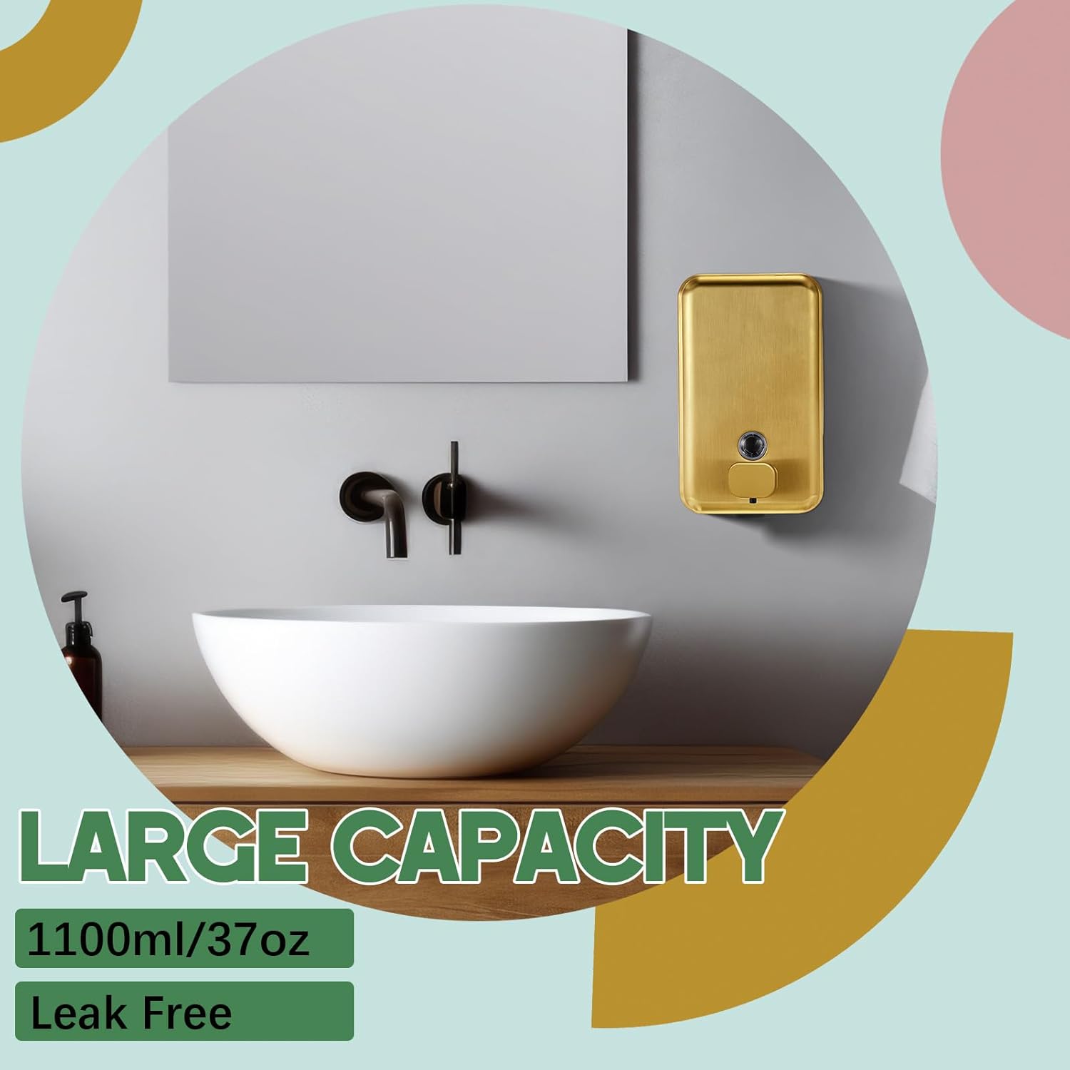 Maxdot 2 Pcs 37 oz/1100 ml Commercial Stainless Steel Soap Dispenser Wall Mount with Corrosion Proof Lining and Manual Anti Leak Pump for Home Bathroom Accessories Kitchen (Gold) - Image 6