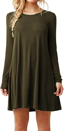 Womens Long Sleeve Crew Neck Tshirt Mini Dress Casual Loose Fit Swing Tunic Dress Plus Size