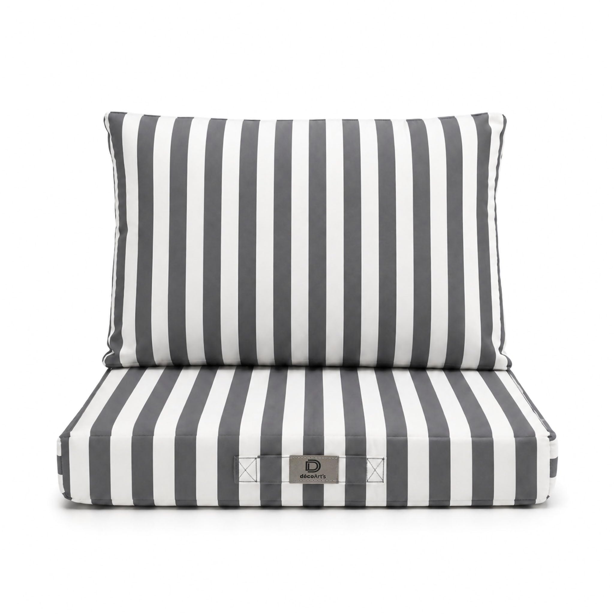 Déco Arts — Lot de 2 Coussins Déhoussables Salon Jardin 50x50 — Assise 50x50 + Dossier 50x35 cm — Imperméable Anti-UV — Remplacement Mobilier Jardin Terrasse Balcon Véranda — Rayures Gris Foncé
