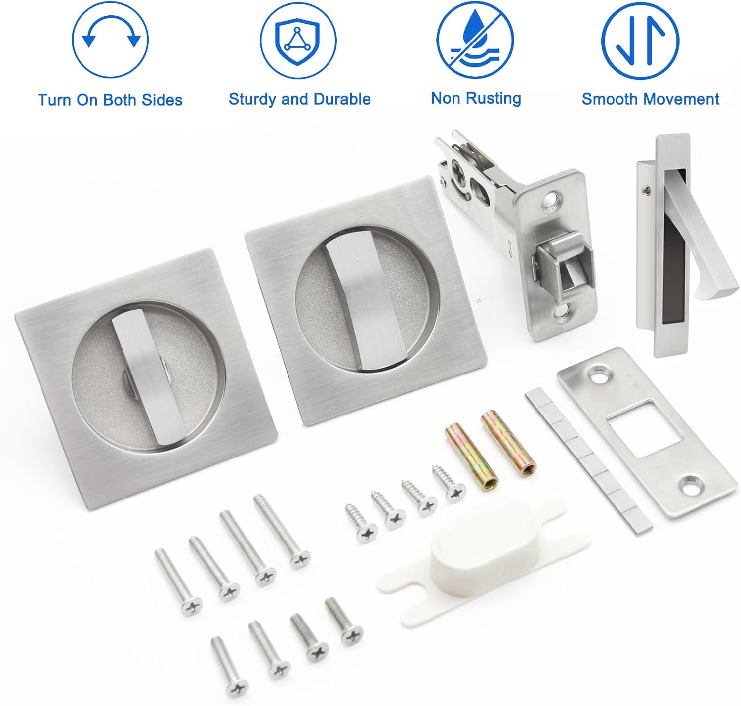 Dontay Pocket Door Passage Latches Lock,Flush Double Sided Rotation,Privacy (Bed/Bath) Latch,Large Lever,Hardware for 1 3/8" to 2 3/16" Sliding Door & Bathroom Doors (Brushed Nickel, Square - 1 Set)