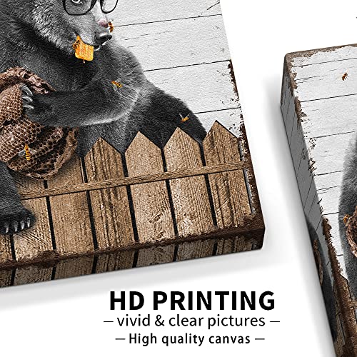 Funny Bear Wall Art Black And White Farmhouse Bathroom Decor Wall Art Bear Holding Honeycomb Pictures For Wall Rustic Animal Canvas Print Framed Artwork For Washroom Bathroom Wall Decor 12X16 Inch #TOP1
